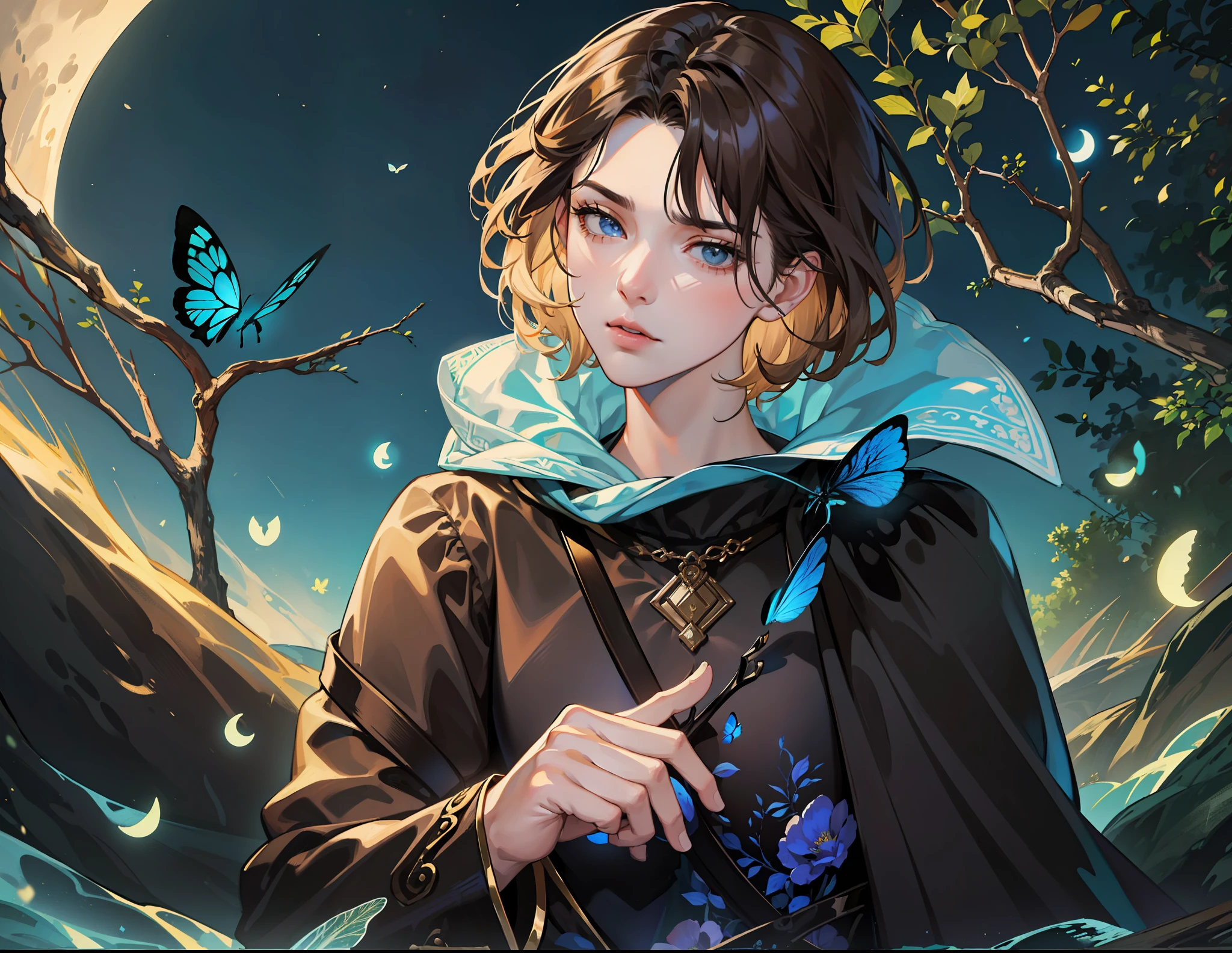 ((Superior quality, portraits, masterpieces, 8K wallpapers: 1.3)), girl with short wavy brown hair (((SHORT HAIR))), obsidian-like black eyes, (((ANNOYING, SERIOUS LOOK))) sitting on a branch of a mueto tree, bioluminescent blue butterflies, dark hour, perfect shadows and reflections of the moon on the scene. black dress covered, dark clothes of MOURNING, CLOTHES COVERING THEIR SKIN, TUNIC.