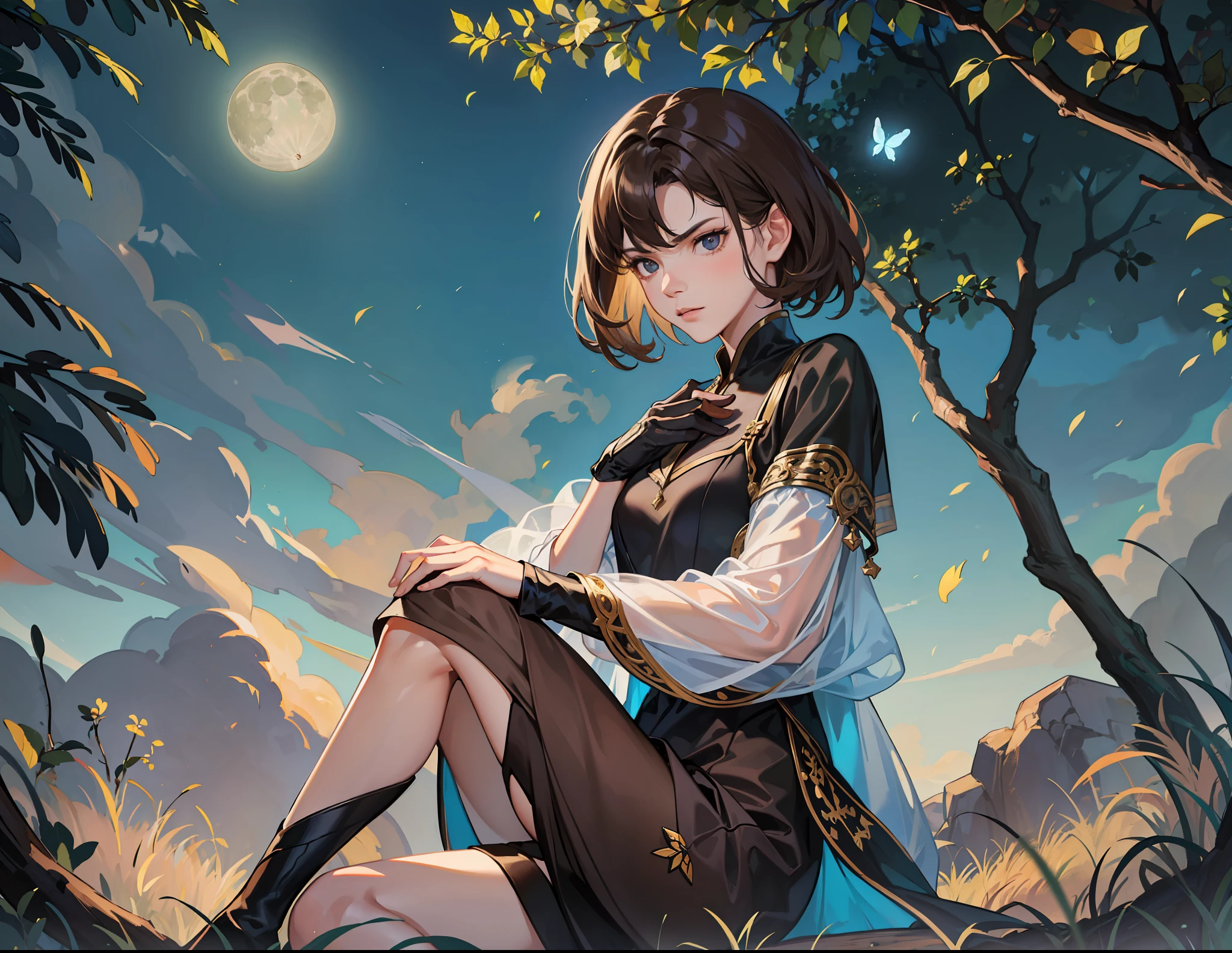 ((Superior quality, portraits, masterpieces, 8K wallpapers: 1.3)), girl with short wavy brown hair (((SHORT HAIR))), obsidian-like black eyes, (((ANNOYING, SERIOUS LOOK))) sitting on a branch of a mueto tree, bioluminescent blue butterflies, dark hour, perfect shadows and reflections of the moon on the scene. black dress covered, dark clothes of MOURNING, CLOTHES COVERING THEIR SKIN, TUNIC.