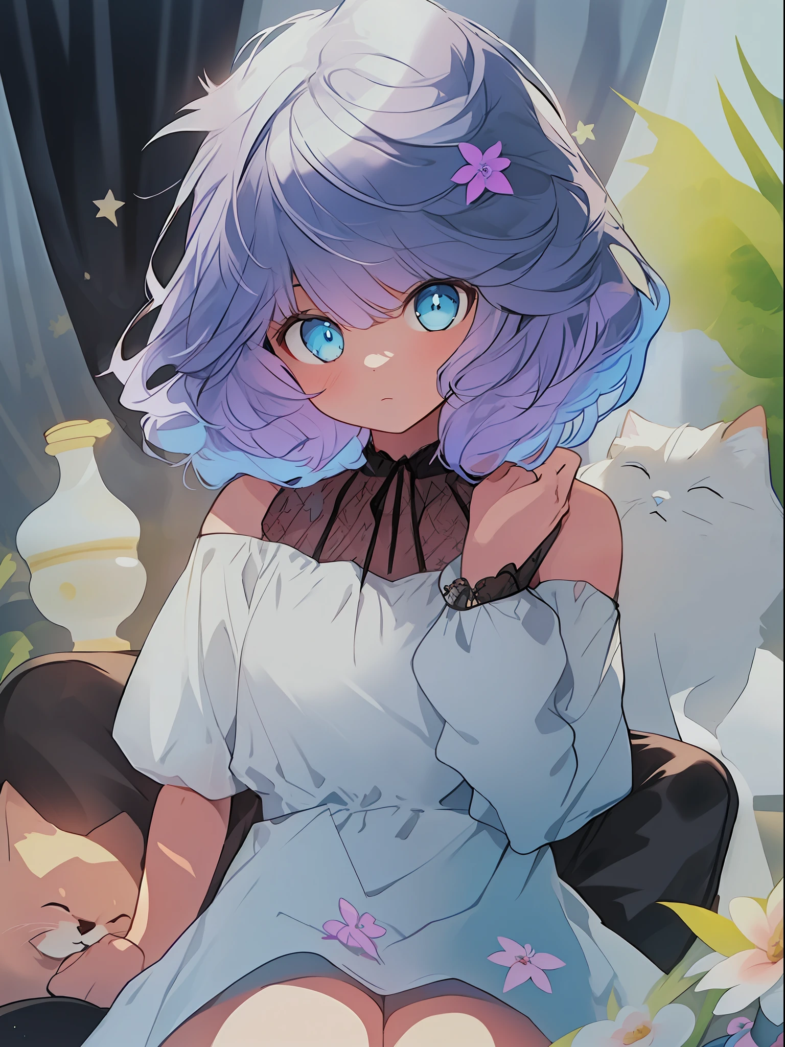 Woman Avril sitting on the sofa, Anime style, long shot, Maine, Norwegian Forest Cat, Cyberian, Ragdoll, Ragamuffin, Savannah Cat, British Shorthair, (( Highly detailed cat depiction, big cat, beautiful cat, hair color: jar violet and half color and flower green-blue and blue gradient color, web color specified, WEB color # A484A3 and # 843779 color purple hair color)))), blue backlight illuminating jar violet hair, cartoon-style illustrations with a children's theme featuring characters, warm color scheme, soft, high-quality images, details, accurate depiction, illuminated with originality that attracts the attention of the audience, depiction of women, highly detailed hairstyle, depiction of highly detailed hair, Depiction of highly detailed eyes, big blue eyes, drooping eyes, bright expression, height 165cm, scale 1/20, highly detailed facial details, unique character design, not an ugly face, five fingers, symmetrical, marble-like skin color, not an ugly body, two arms, two legs, Caucasian, watercolor ink Original drawing, story movie, movie, manga illustration, cute, adorable, Eyes with eyelashes