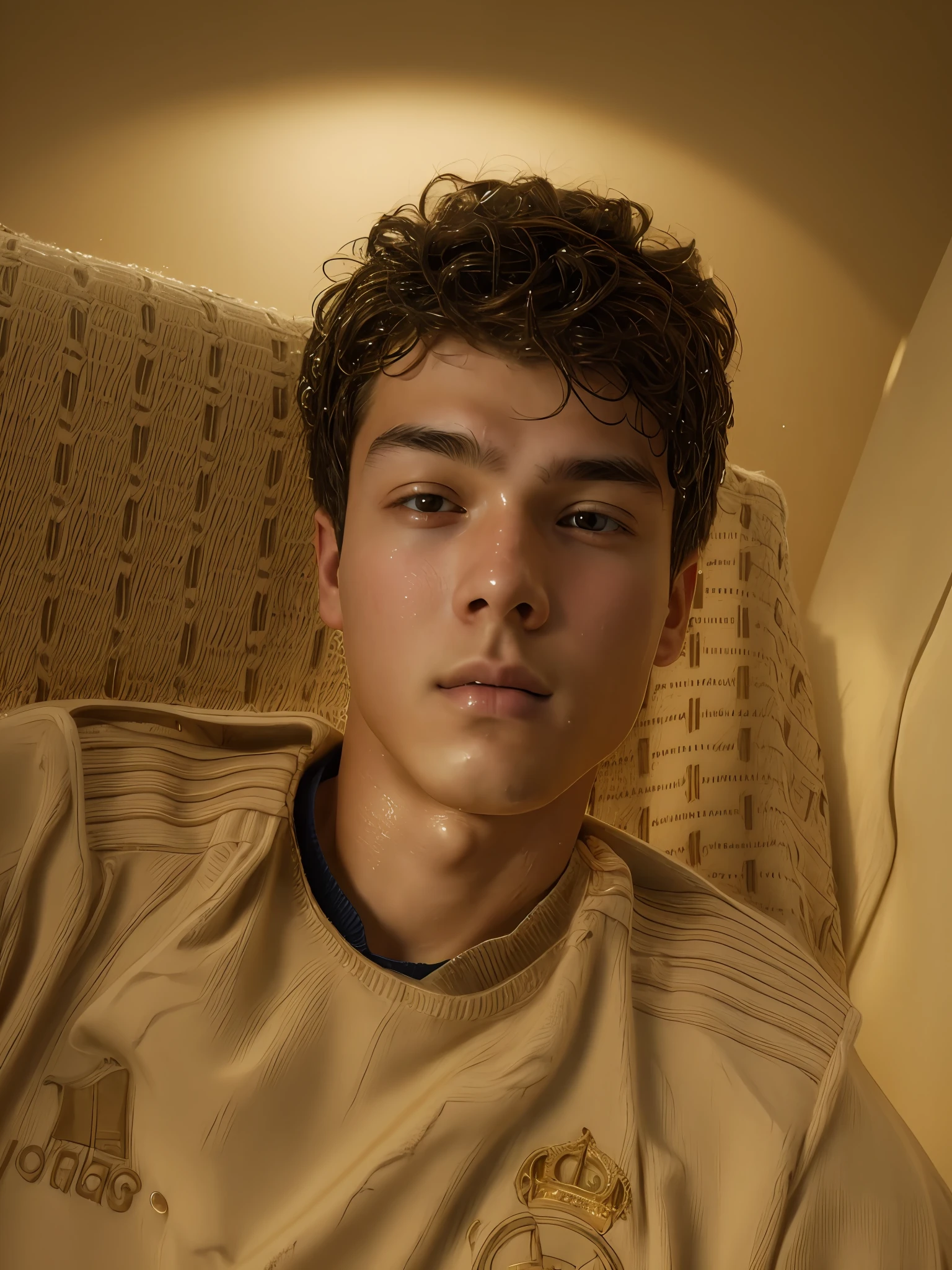 1 boy 16 years (masterpiece: 1.3), (sweater), absurd, attractive, ultra high resolution, ultra realistic, highly detailed, golden ratio, falling sweat from the face, wet hair
