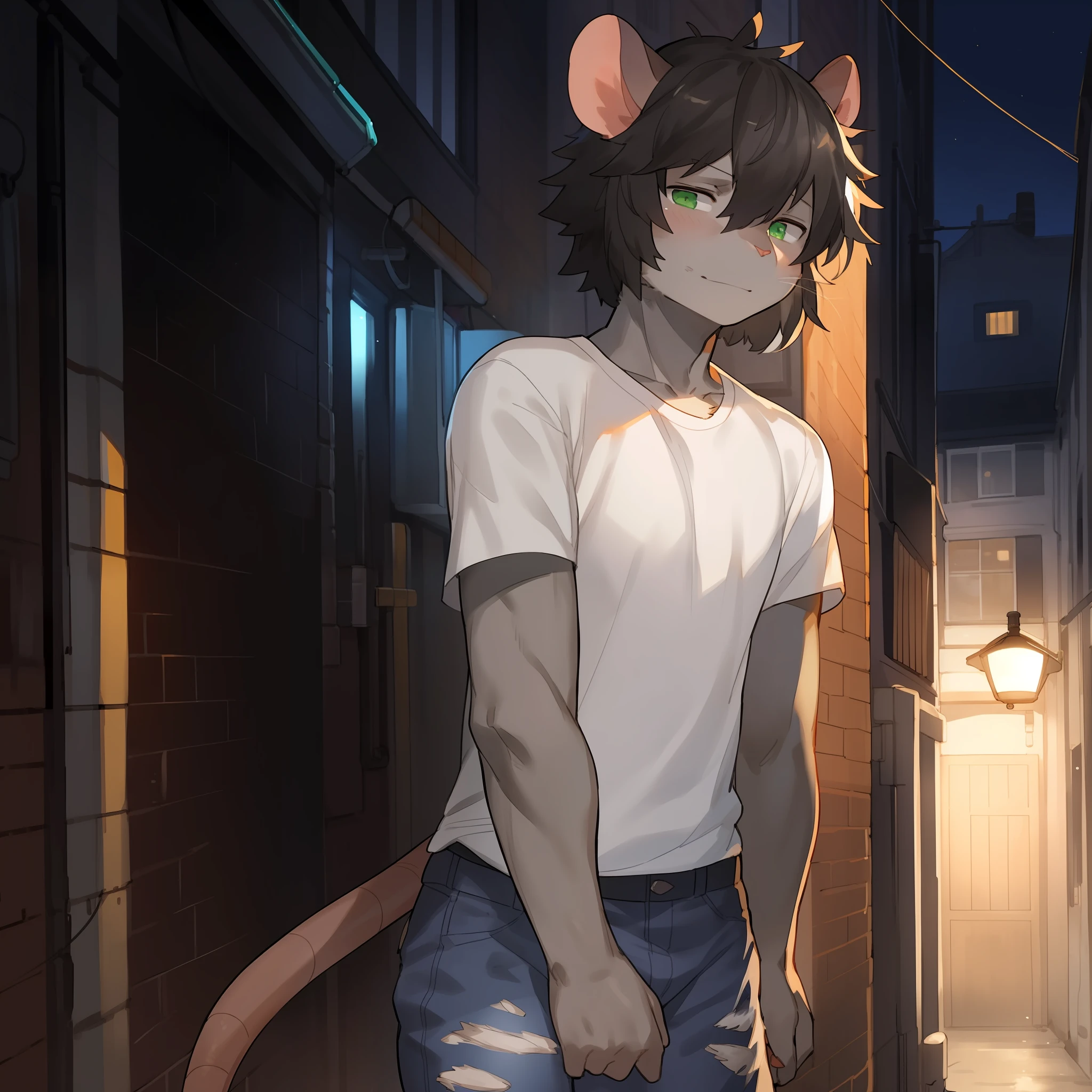 Solo, male, rat, messy, messy hair, black hair, grey fur, grey skin, green eyes, detailed eyes, weak, smug expression, smirking, by bebebebebe, alleyway , night, facing viewer, t-shirt, ripped jeans, whiskers, by buta99, by kishibe, by suurin 2, by pgm300, (messy hair), ((tired eyes)),