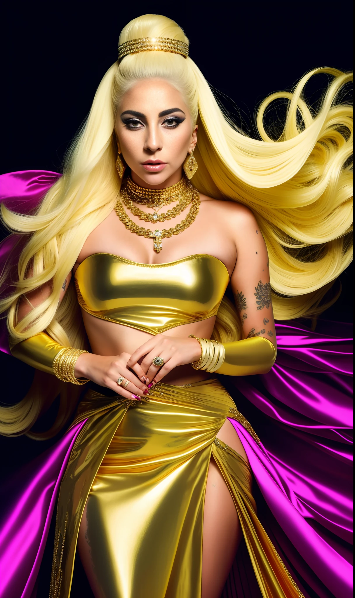 Photo of lady gaga with dress made of golden chains, 4K texture, long hair, high quality, extravagant hairstyle, original album cover, colorful dress with diamonds, 8k image, futuristic, high image quality, at night, hair accessories, 8k image, realistic face in high quality, full body, different body poses, face detailed in HD
