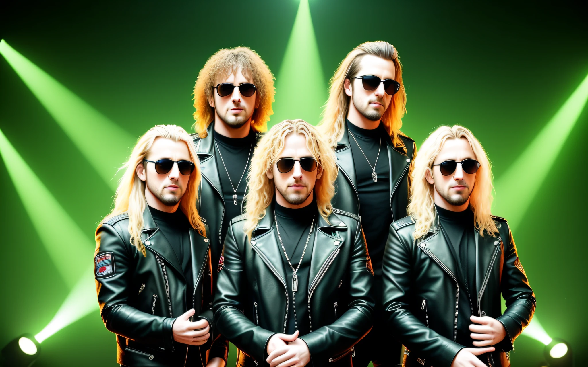 3 BLONDE BOYS LONG HAIRED, in black leather jackets and sunglasses, HALF BODY, SOFT GREEN BACKGROUND LIGHTS, posing for a photo, high quality photo, very low quality image, heavy rock band promotional photo, phosphorescent, heavy metal band promo, photo of a promotional session, very high quality,  war photo, the scooter (EDM band, sinister vibe, the name of the band is Roborock
