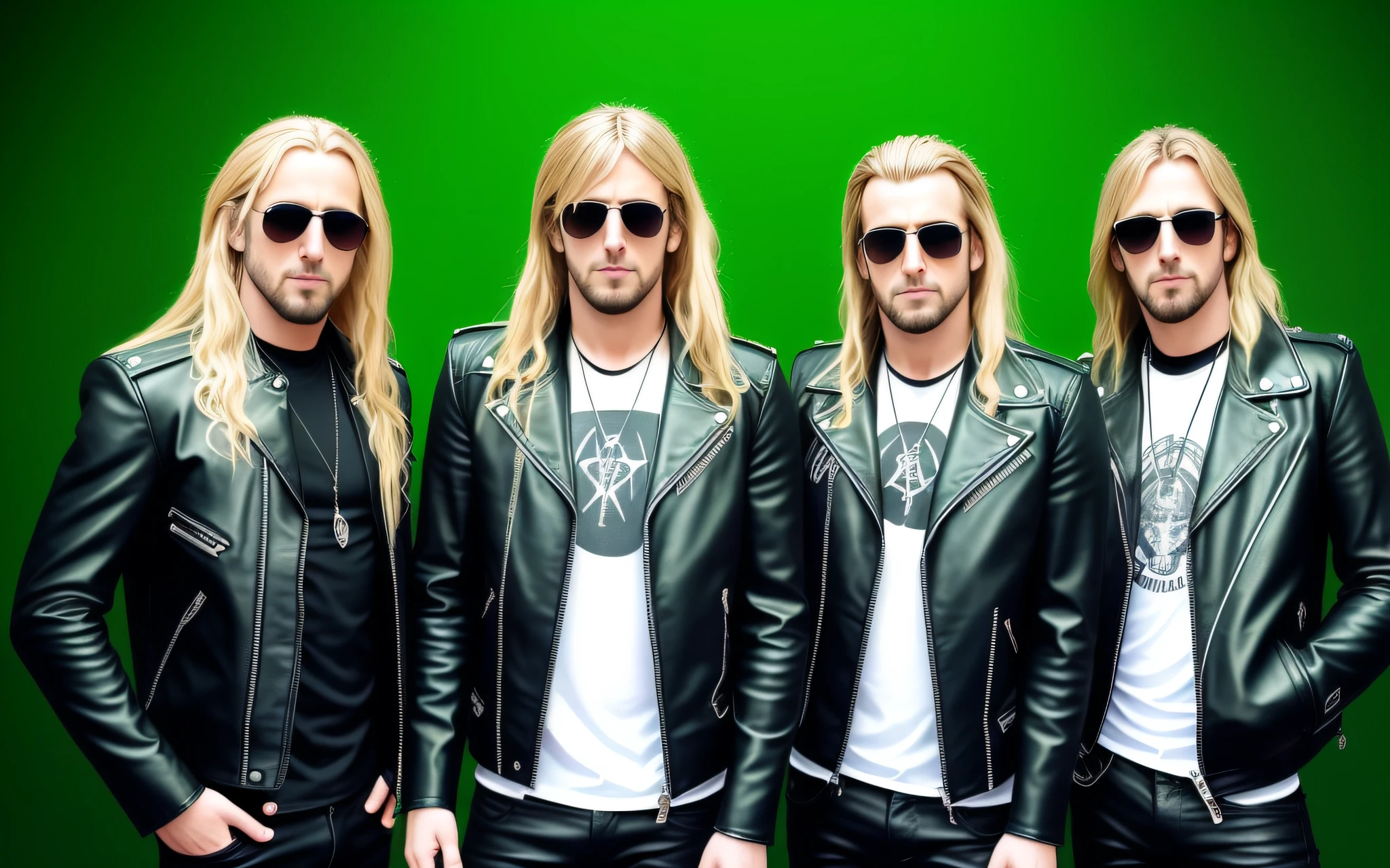 3 BLONDE BOYS LONG HAIRED, in black leather jackets and sunglasses, HALF BODY, SOFT GREEN BACKGROUND LIGHTS, posing for a photo, high quality photo, very low quality image, heavy rock band promotional photo, phosphorescent, heavy metal band promo, photo of a promotional session, very high quality,  war photo, the scooter (EDM band, sinister vibe, the name of the band is Roborock