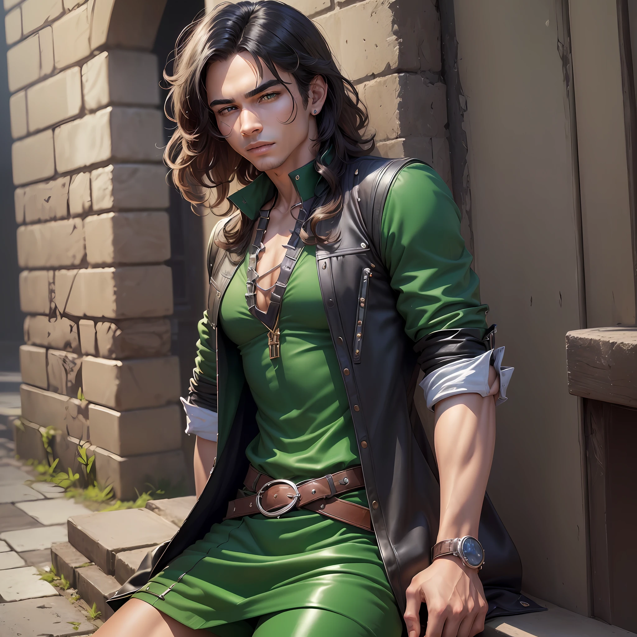 ((ultra detail, high resolution, ultra detailed, best quality, amazing, top quality, extremely detailed CG 8k wallpaper unit, cinematic lighting, semi-realistic)), ((medieval)), middle ages, dark ages, ((solo)), ((man, charming man, athletic man, tanned man)), ((full body, athletic body, defined body, male body)), ((angled face, slightly square chin)l, ((charming smile)), (((black hair, black hair,  voluminous hair, relaxed hair, relaxed hairstyle)), ((detailed eyes, intense eyes, green eyes, emerald green eyes, bright eyes, expressive eyes)), ((casual elegance dresses, classic clothes with modern touch, well-cut shirts, fitted pants, polished leather shoes, stylish dress, sophisticated clothes, authentic clothes)), ((tanned skin)), ((solo)) --auto --s2