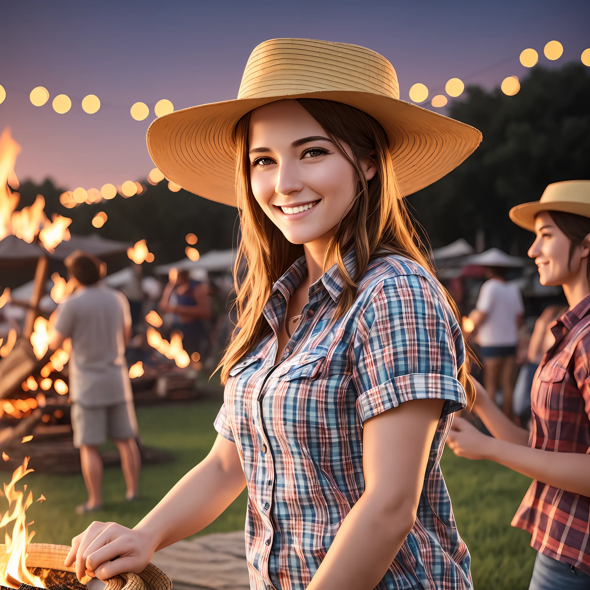 8k, realistic photo, attractive, highly detailed, a 30-year-old girl smiling, June party, wearing a straw hat and plaid shirt, bonfire in the background, cinematic scene, rendering, dramatic lighting, award-winning quality --auto --s2