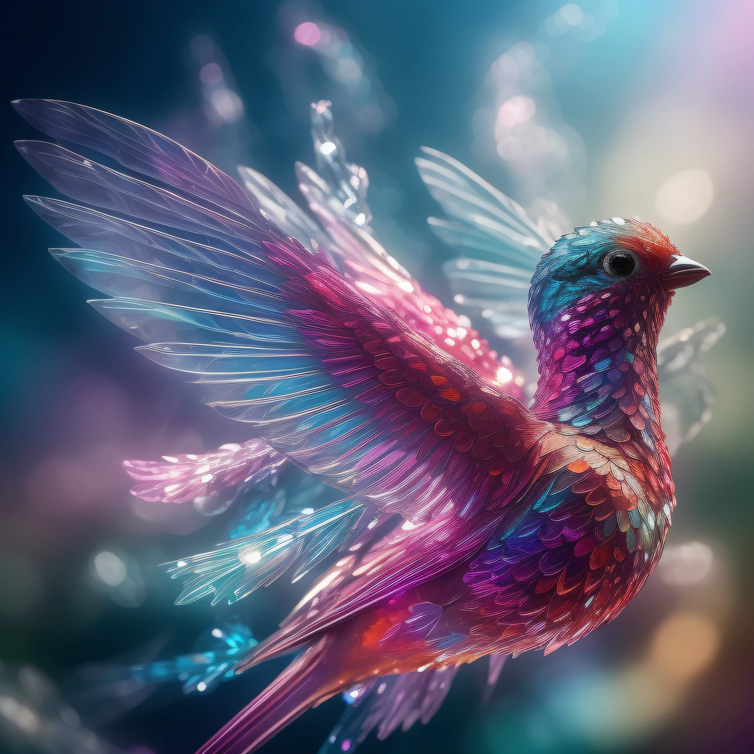 crystals fantasy, close up, crystal bird is flying,
fantasy, galaxy, transparent, 
shimmering, sparkling, splendid, colorful, 
magical photography, dramatic lighting, photo realism, ultra-detailed, 4k, Depth of field, High-resolution