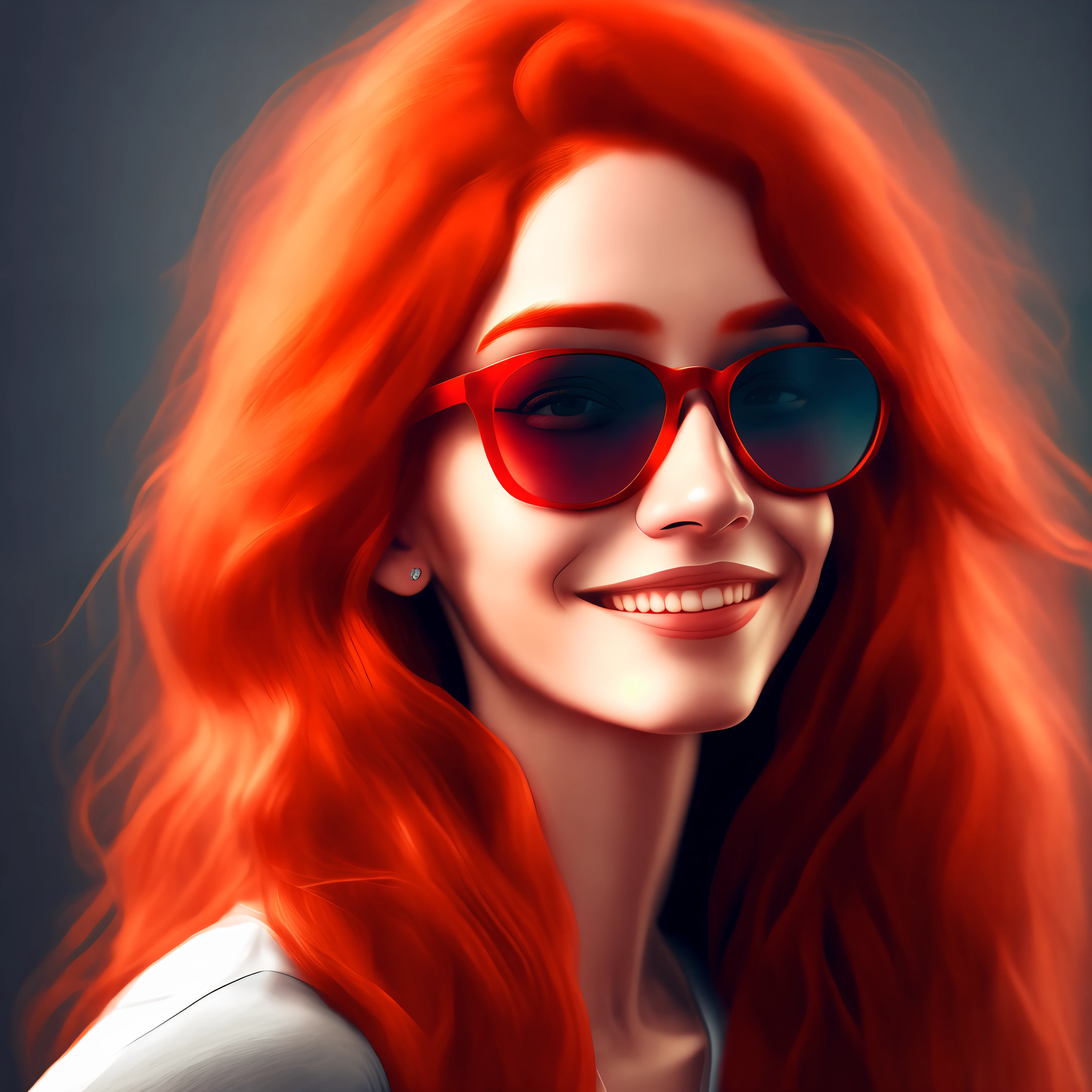 Uma mulher ruiva, red hair, sunglasses, light smile, Hyperrealism, blending, 4K