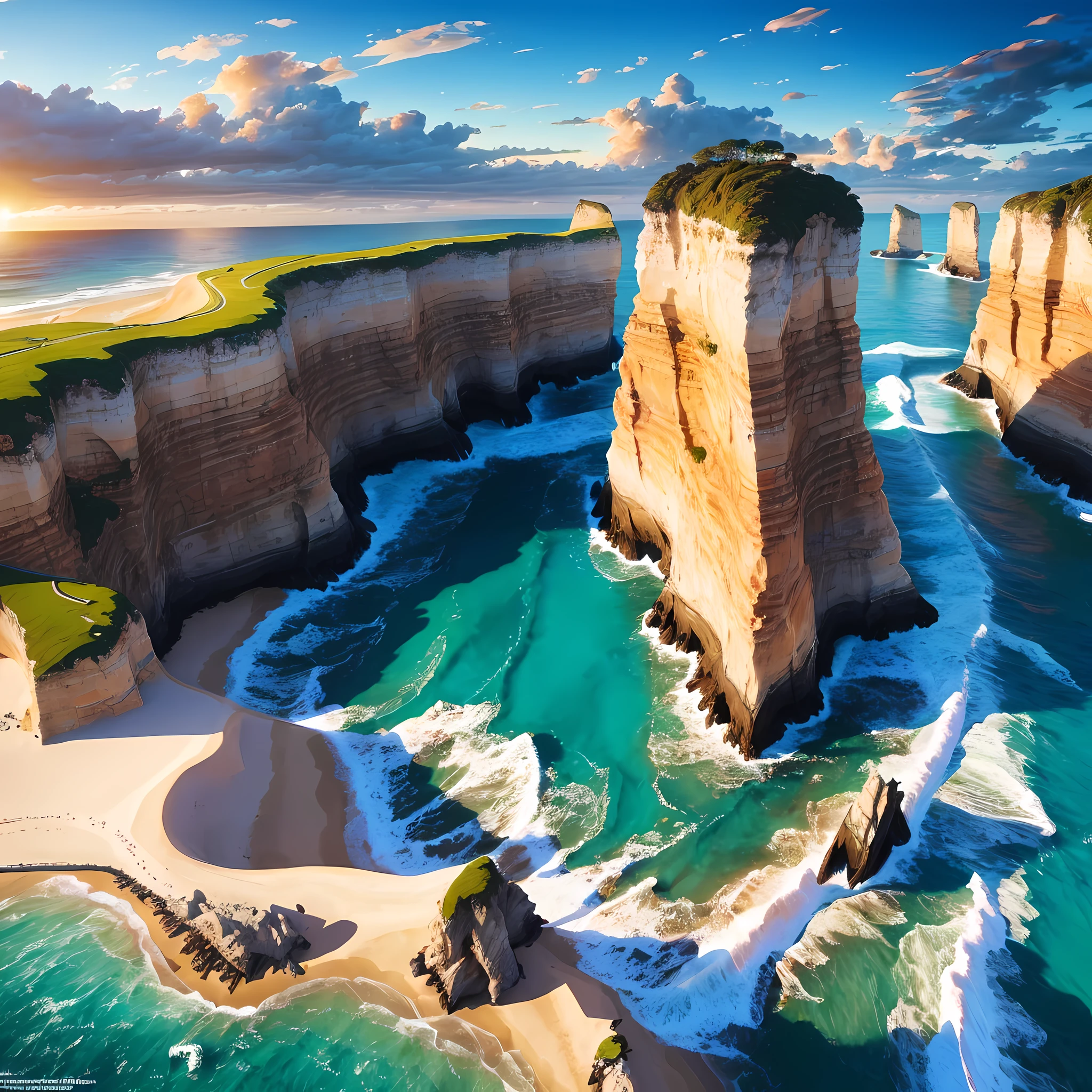 "Coastal Harmony": A panoramic view of a pristine coastline, where dolphins gracefully leap out of the glistening waves, surrounded by a backdrop of towering cliffs and golden sandy beaches, Surrealism, color field printing, high detail, UHD, 8k, anatomically correct, cinematic lighting 4d quality --auto --s2
