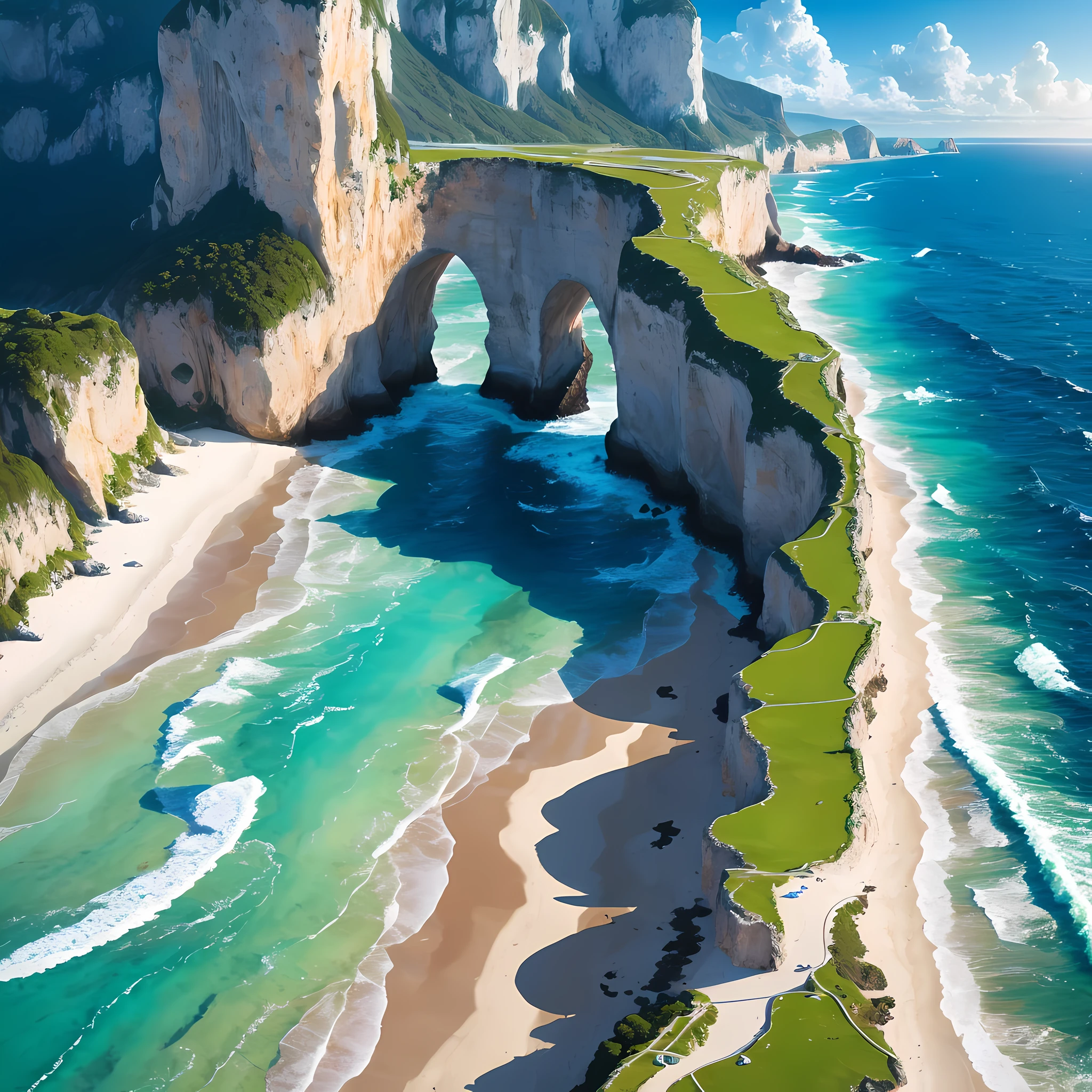 "Coastal Harmony": A panoramic view of a pristine coastline, where dolphins gracefully leap out of the glistening waves, surrounded by a backdrop of towering cliffs and golden sandy beaches, Surrealism, color field printing, high detail, UHD, 8k, anatomically correct, cinematic lighting 4d quality --auto --s2