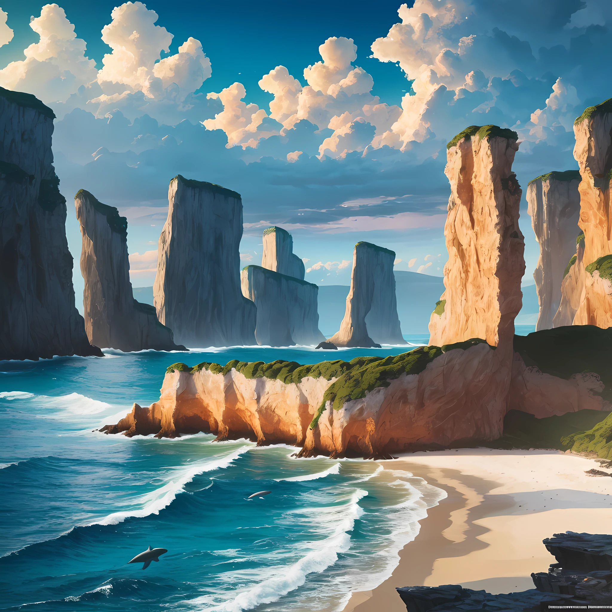 "Coastal Harmony": A panoramic view of a pristine coastline, where dolphins gracefully leap out of the glistening waves, surrounded by a backdrop of towering cliffs and golden sandy beaches, Surrealism, color field printing, high detail, UHD, 8k, anatomically correct, cinematic lighting 4d quality --auto --s2