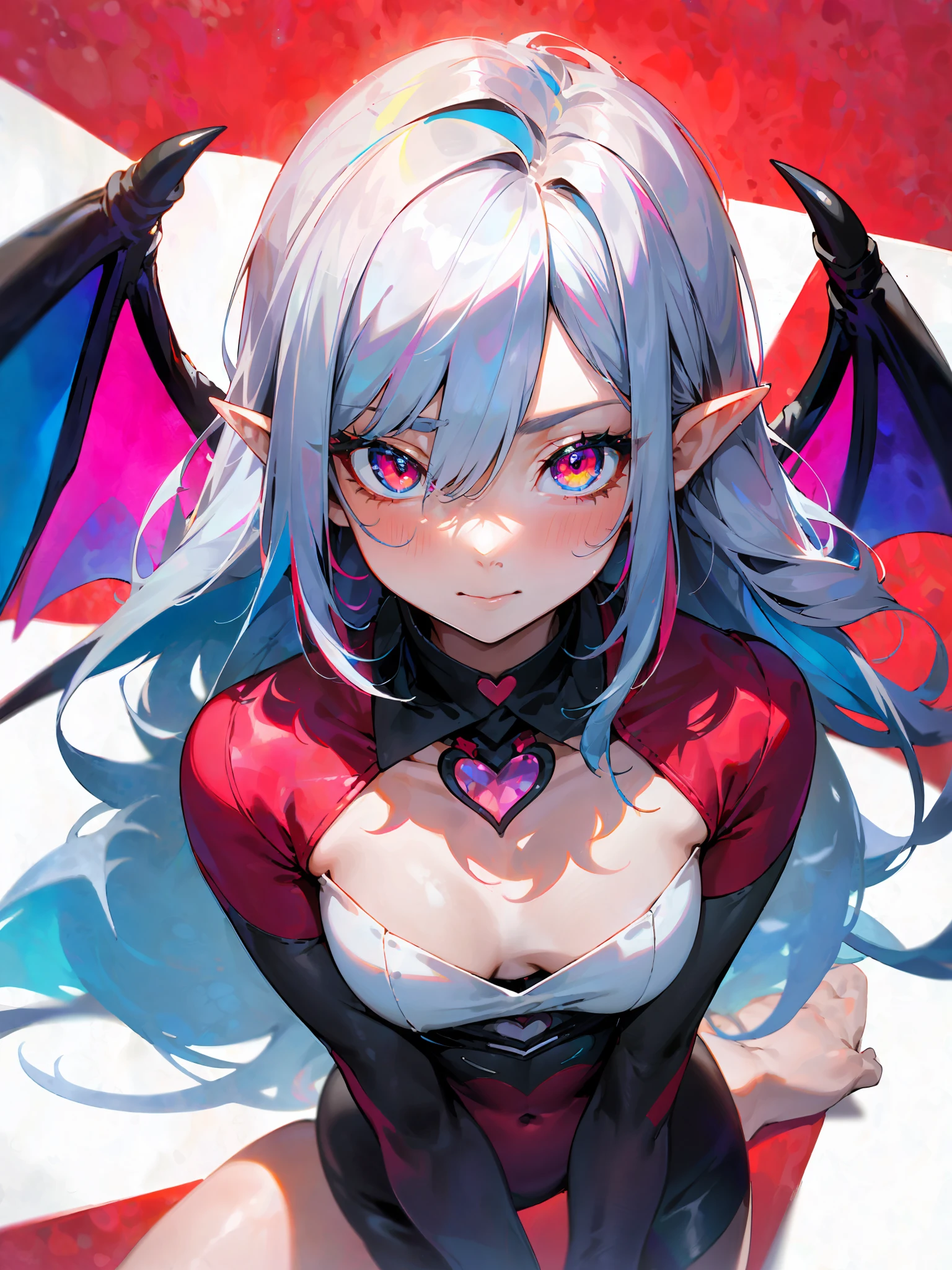 ((masterpiece, best quality)), 1girl, (mature female:1.4), 130mm f1.4 lens, 1girl, solo, pointy ears, heart-shaped pupils, microdress, from above, demon girl, flat chest, demon wings, saturated, colorful, multicolored hair, silver hair, bleu hair, multicolored eyes