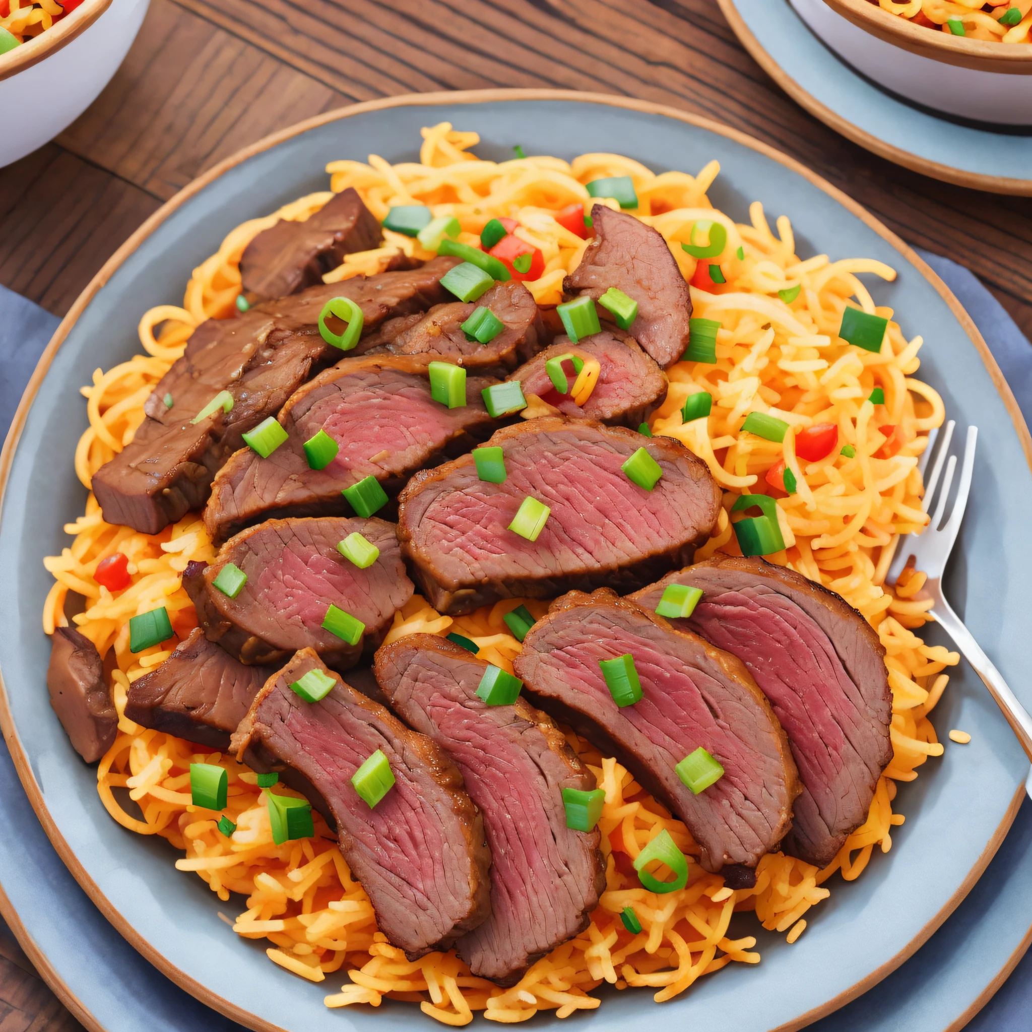 food on the plate with roast beef, beans and rice
