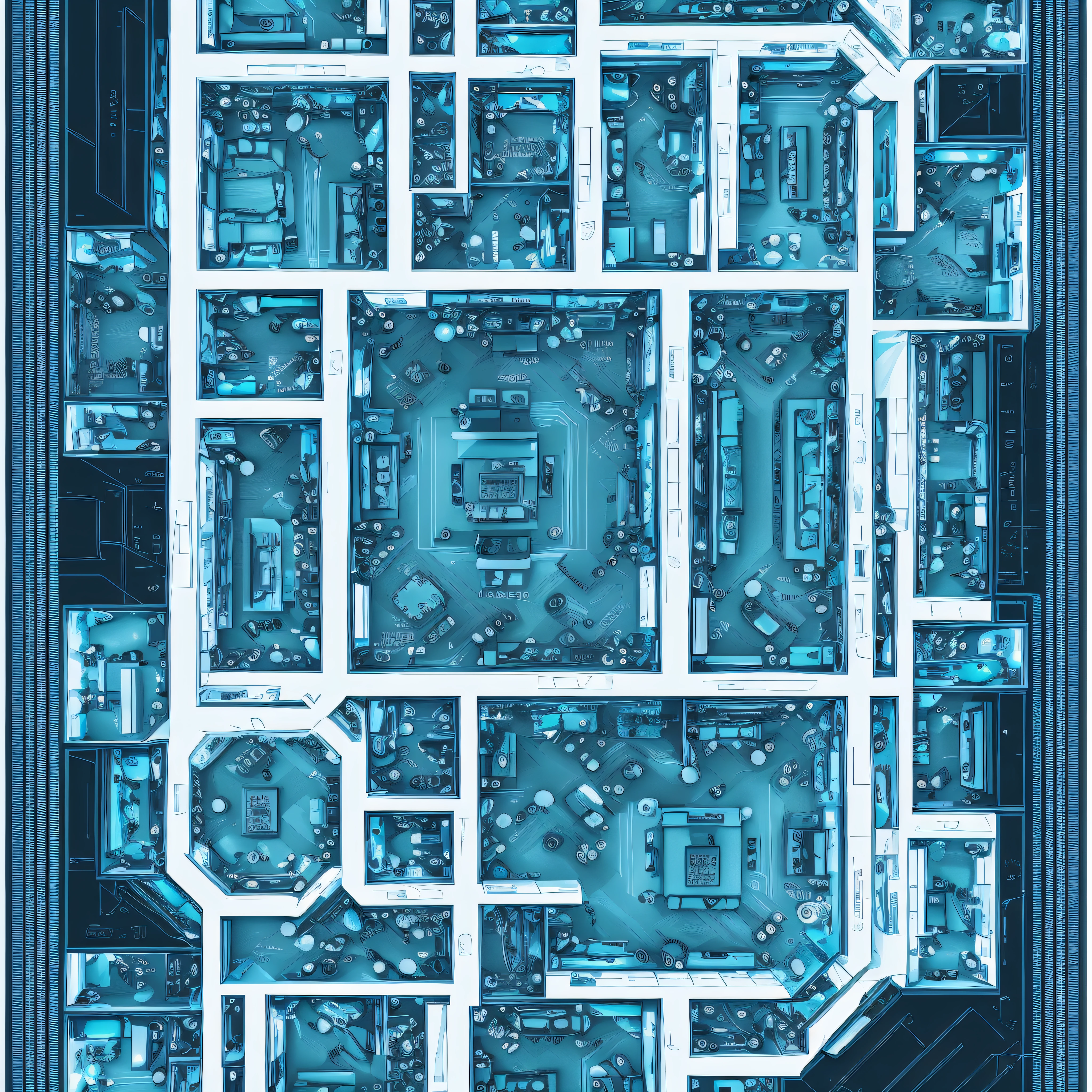An artistic representation of computer circuits forming the floor plan of a house, with the names and footage of each room in softer tones. The use only of the pure colors blue, black, white to compose the image --auto --s2
