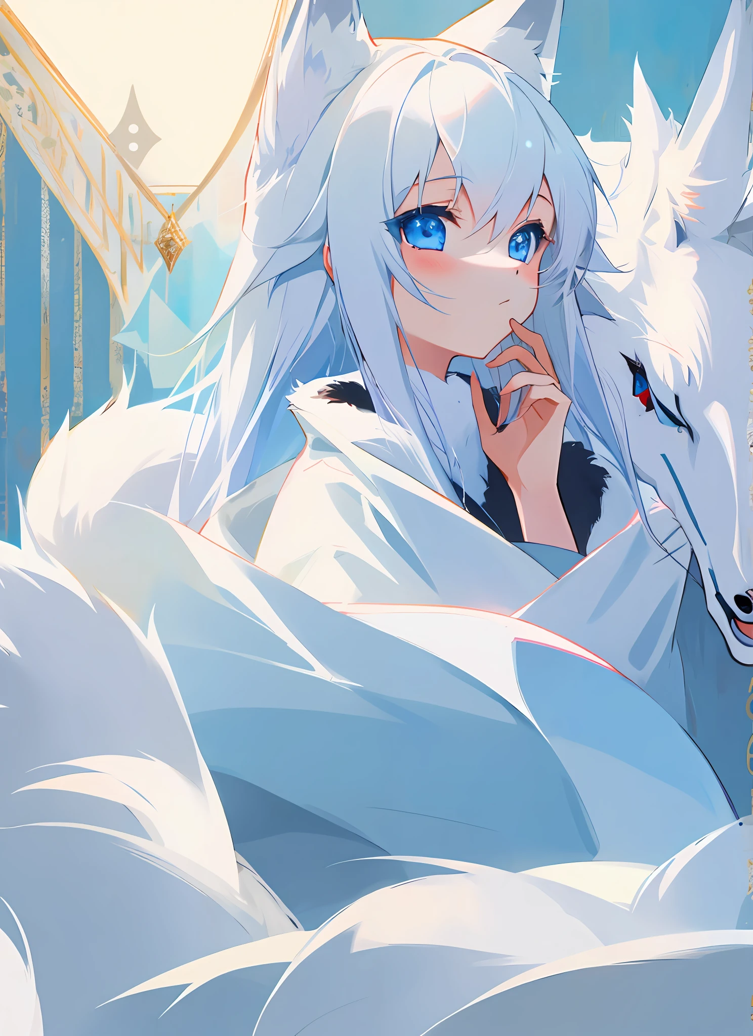1 girl, furry woman, white fox, masterpiece, light blue eyes, \: