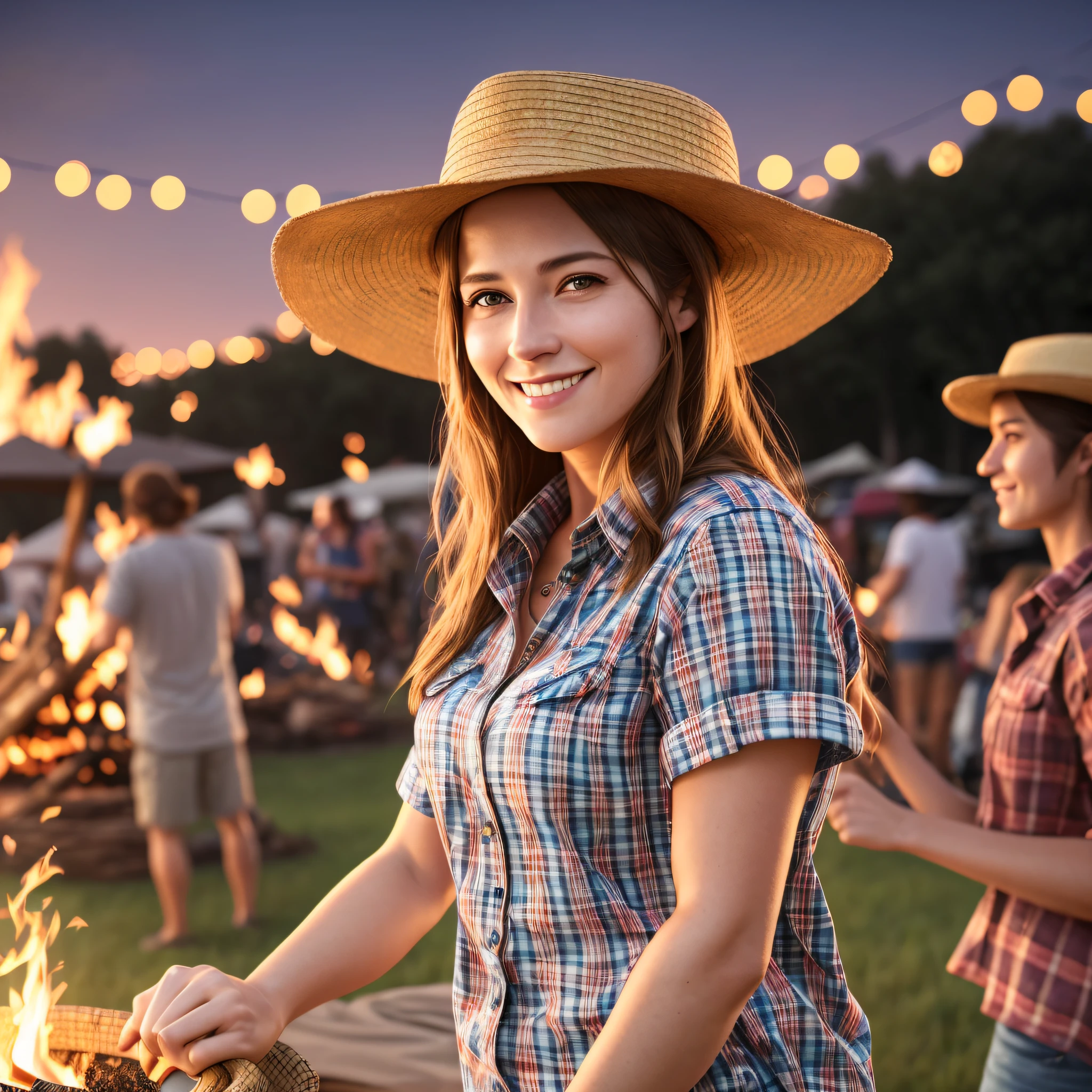 8k, ultra realistic photo, attractive, highly detailed, a 30-year-old girl smiling, June party, wearing a straw hat and plaid shirt, bonfire in the background, cinematic scene, rendering, dramatic lighting, award-winning quality --auto --s2