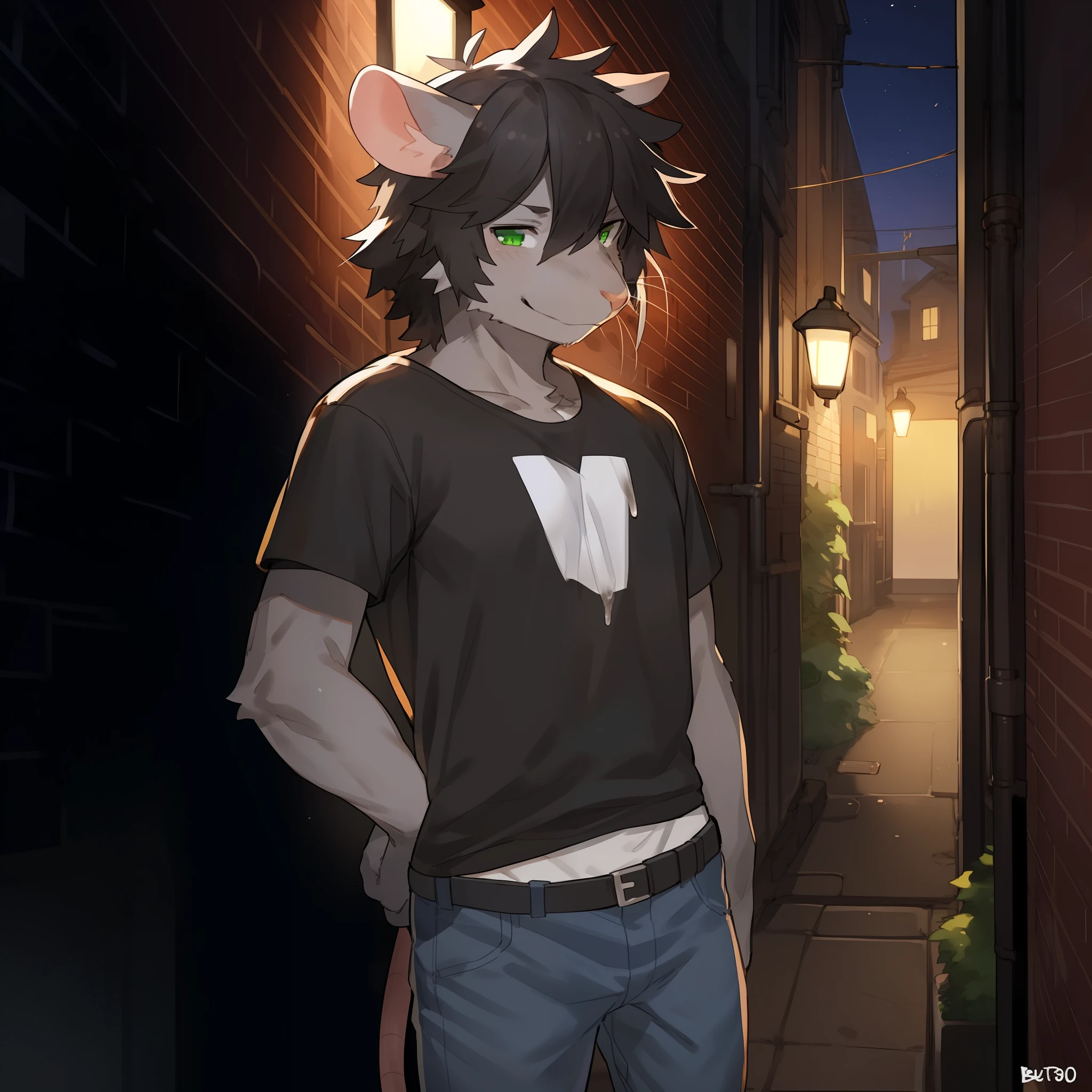 Solo, male, rat, messy, messy hair, black hair, grey fur, grey skin, green eyes, detailed eyes, weak, smug expression, smirking, by bebebebebe, alleyway , night, facing viewer, t-shirt, ripped jeans, whiskers, by buta99, by kishibe, by suurin 2, by pgm300, (messy hair), ((tired eyes)), (((snout)))