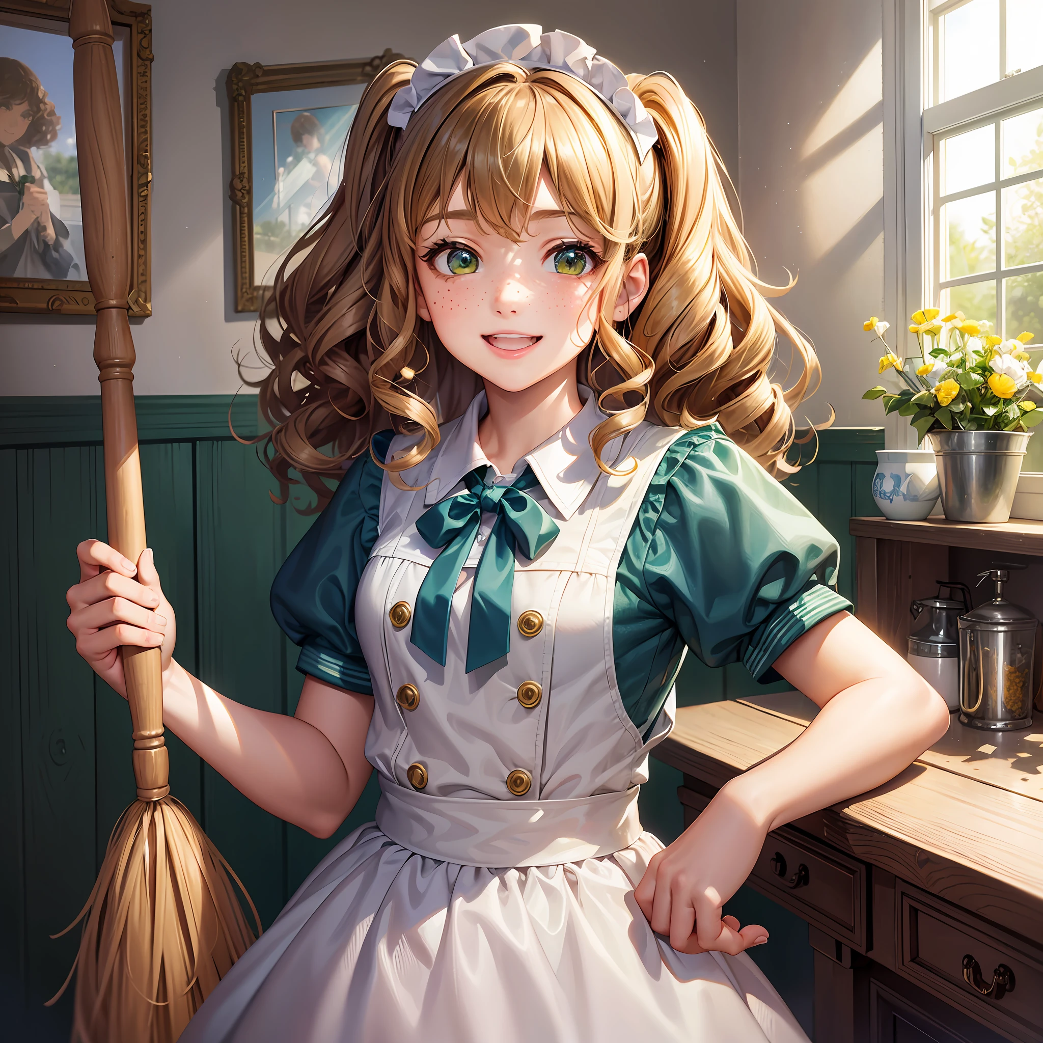 Photorealism, girl, pretty 12 year oldgreen eyes, terrible curly hair, naturally curly, golden hair, freckles, housemaid style, smile, cheerfully cleaning with a broom