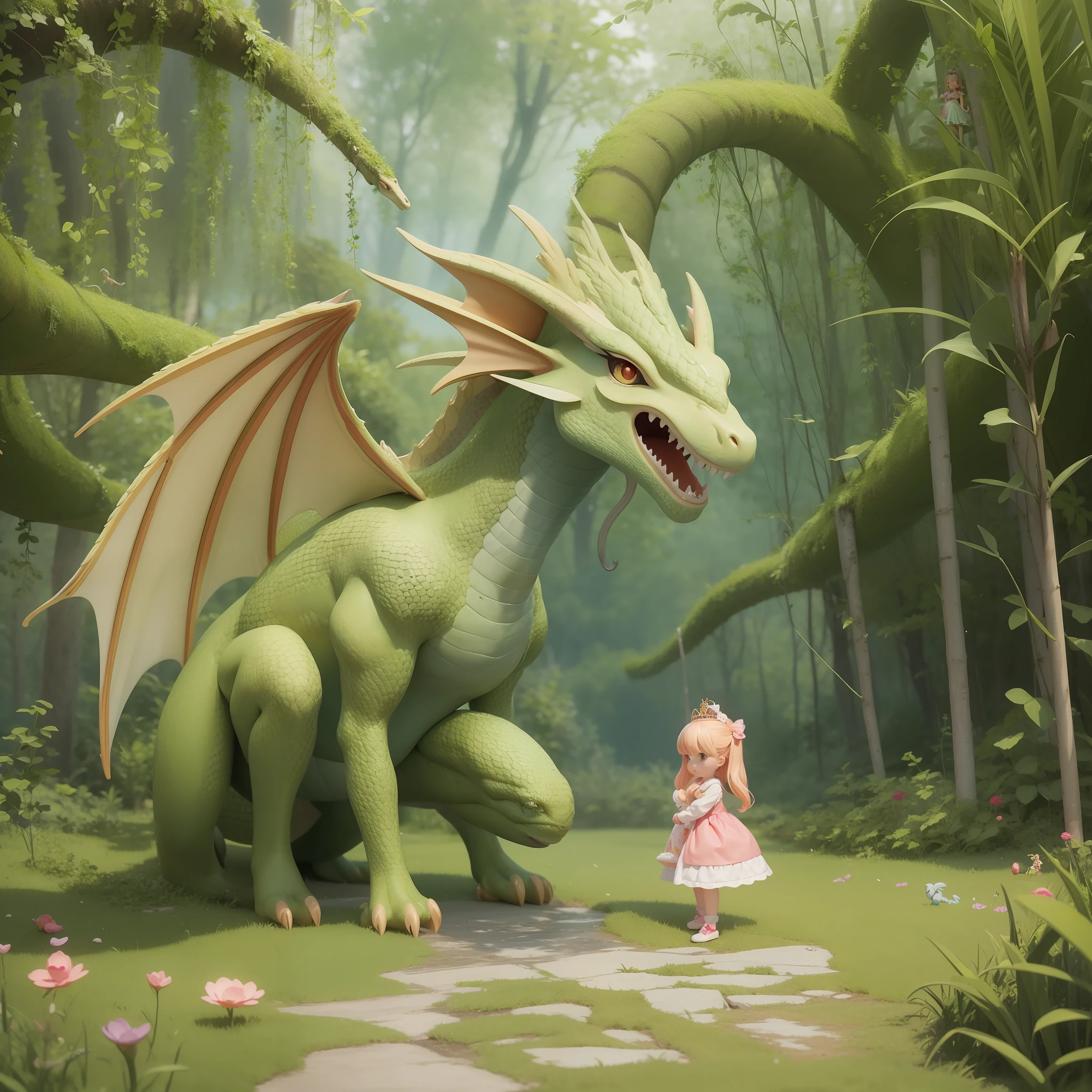 Princess and her cute little dragon There is a small doll with a dragon and a dragon on the ground, Dragon Girl, beautiful 3D rendering, cute little dragon