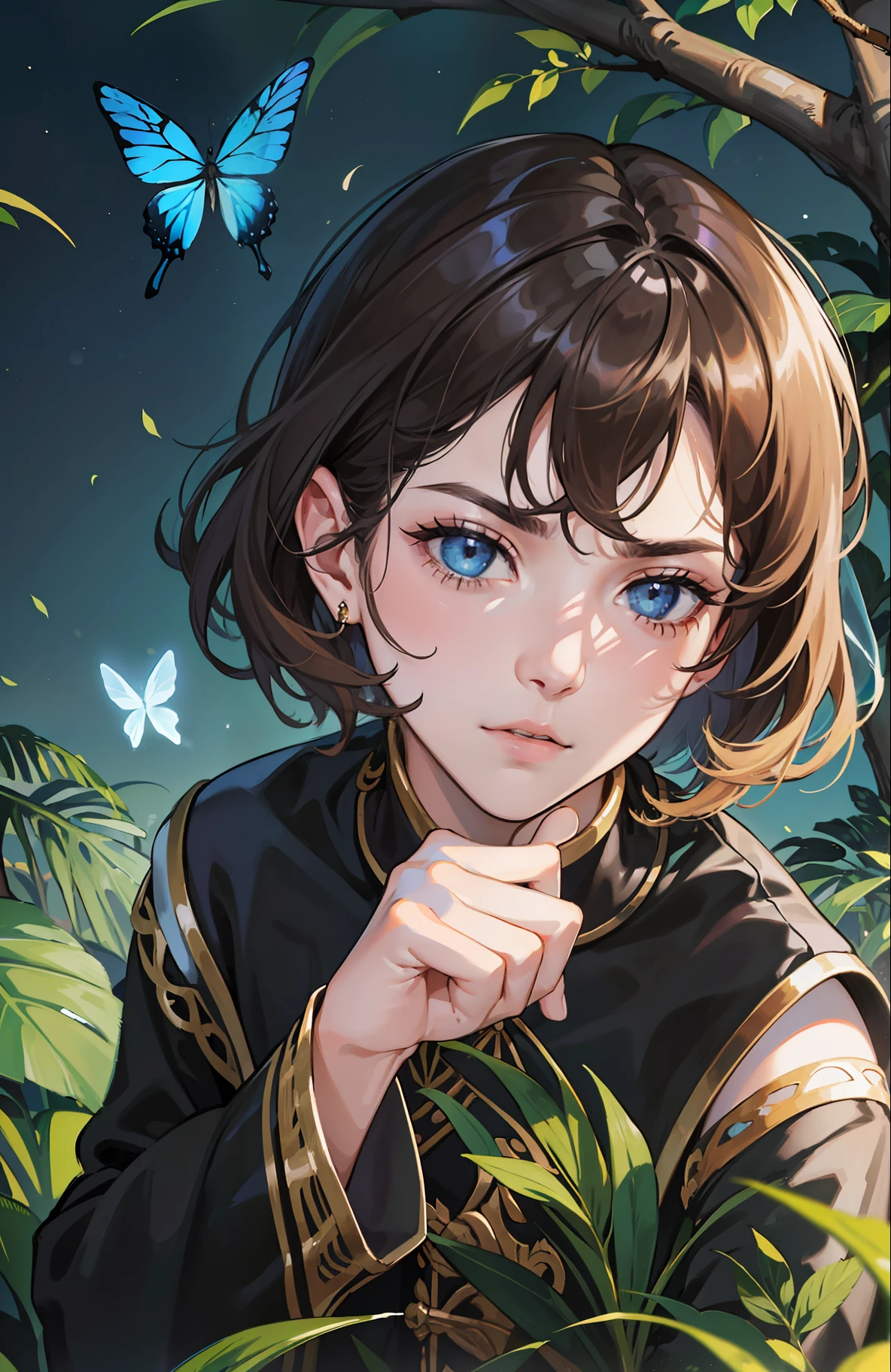 ((Superior quality, portraits, masterpieces, 8K wallpapers: 1.3)), girl with short wavy brown hair (((SHORT HAIR))), obsidian-like black eyes, (((ANNOYING, SERIOUS LOOK))) sitting on a branch of a mueto tree, bioluminescent blue butterflies, dark hour, perfect shadows and reflections of the moon on the scene. black dress covered, dark clothes of MOURNING, CLOTHES COVERING THEIR SKIN, TUNIC.