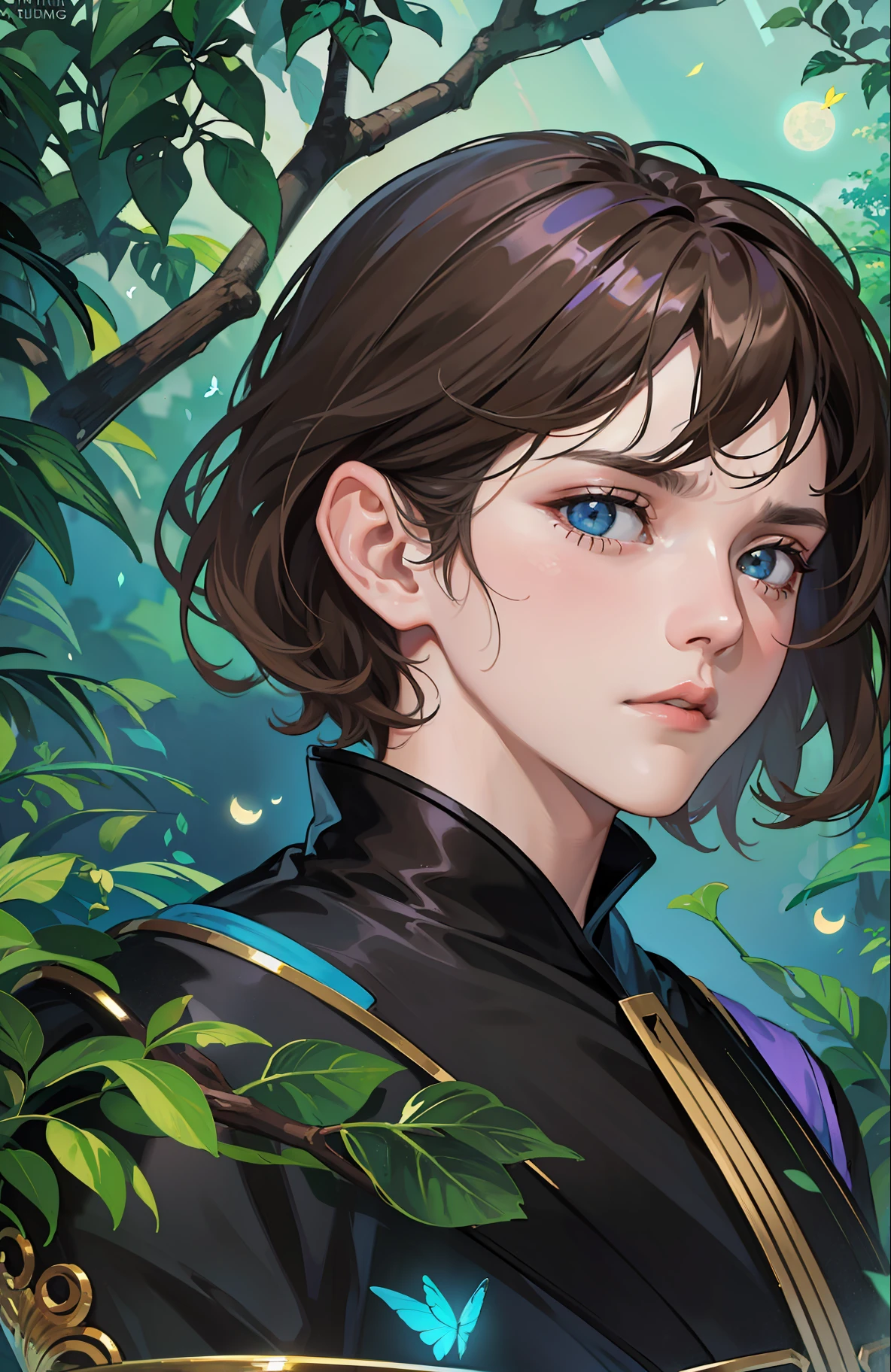 ((Superior quality, portraits, masterpieces, 8K wallpapers: 1.3)), girl with short wavy brown hair (((SHORT HAIR))), obsidian-like black eyes, (((ANNOYING, SERIOUS LOOK))) sitting on a branch of a mueto tree, bioluminescent blue butterflies, dark hour, perfect shadows and reflections of the moon on the scene. black dress covered, dark clothes of MOURNING, CLOTHES COVERING THEIR SKIN, TUNIC.
