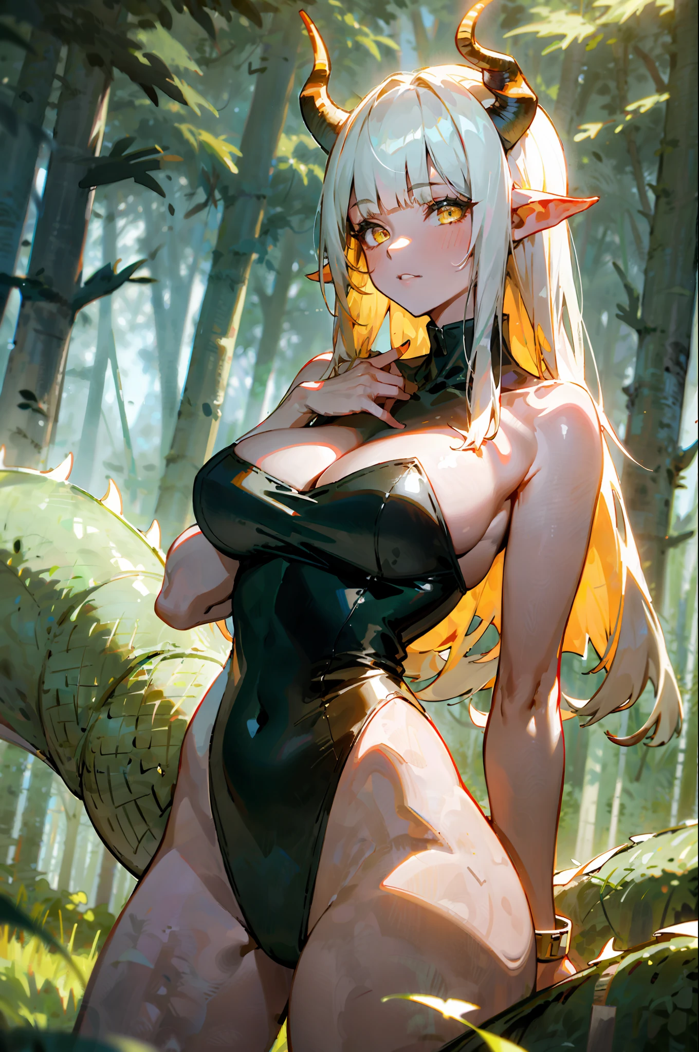 ((masterpiece, best quality)), 1girl, (mature female:1.4), bangs, curvy, yellow eyes, blunt bangs, breasts, dragon horns, (big dragon tail), glowing, horns, light in heart, long hair, (bare arm:1.2), large breasts, cleavage, see-through leotard, horns, sidelocks, tail, white hair, nude,, (grass), (forest:1.6), (dutch angle), (light particules),