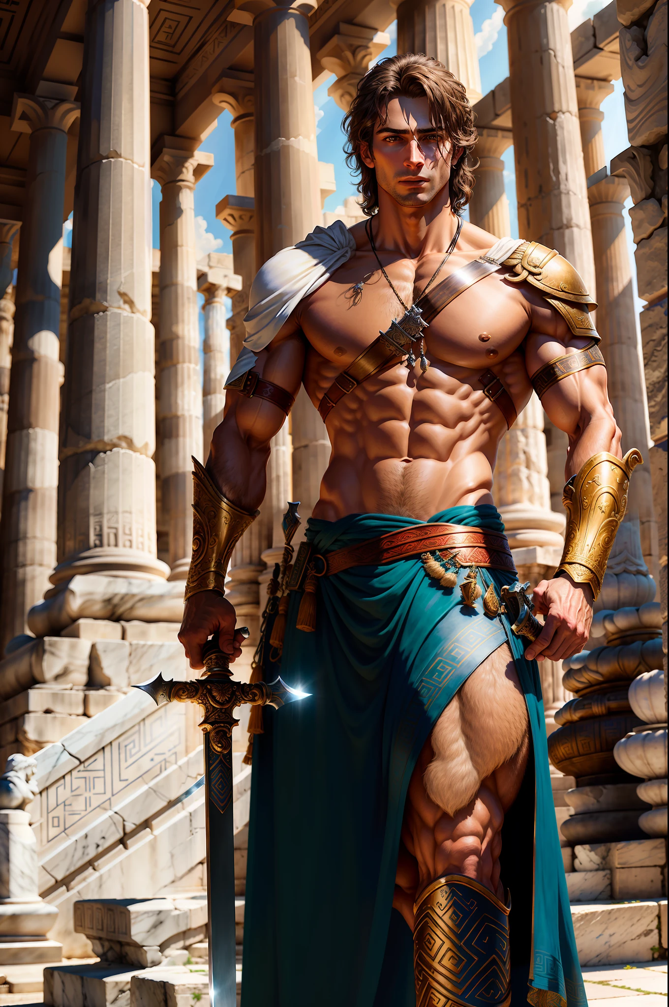 realistic, (masterpiece), (photorealistic:1.3), ultra-detailed, (high detailed:1.2), (best quality:1.0), A male character looks forward, wearing the old bonus equipment, very proud, the background is a Greek temple, very wide and exquisite. Holding a sword. With shaved and youthful hair. Facing and looking forward