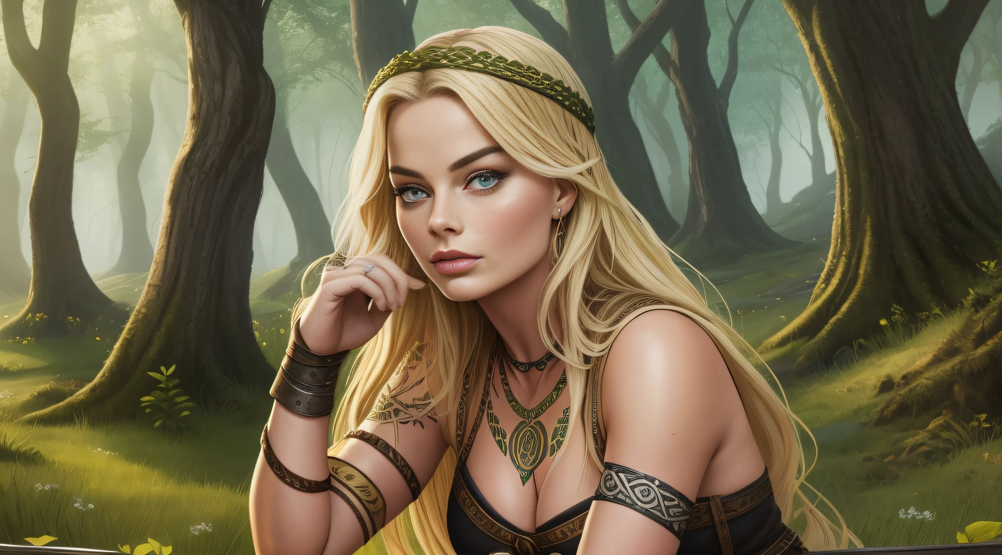 Margot Robbie is a very beautiful woman, a Viking warrior sitting in the middle of a Celtic village, the vegetation is green and the lights pass through the leaves of the trees, a soft mist covers the environment, white and gold clothes and black details, Celtic tattoos for the body. Cartoon style, colorful, two-dimensional