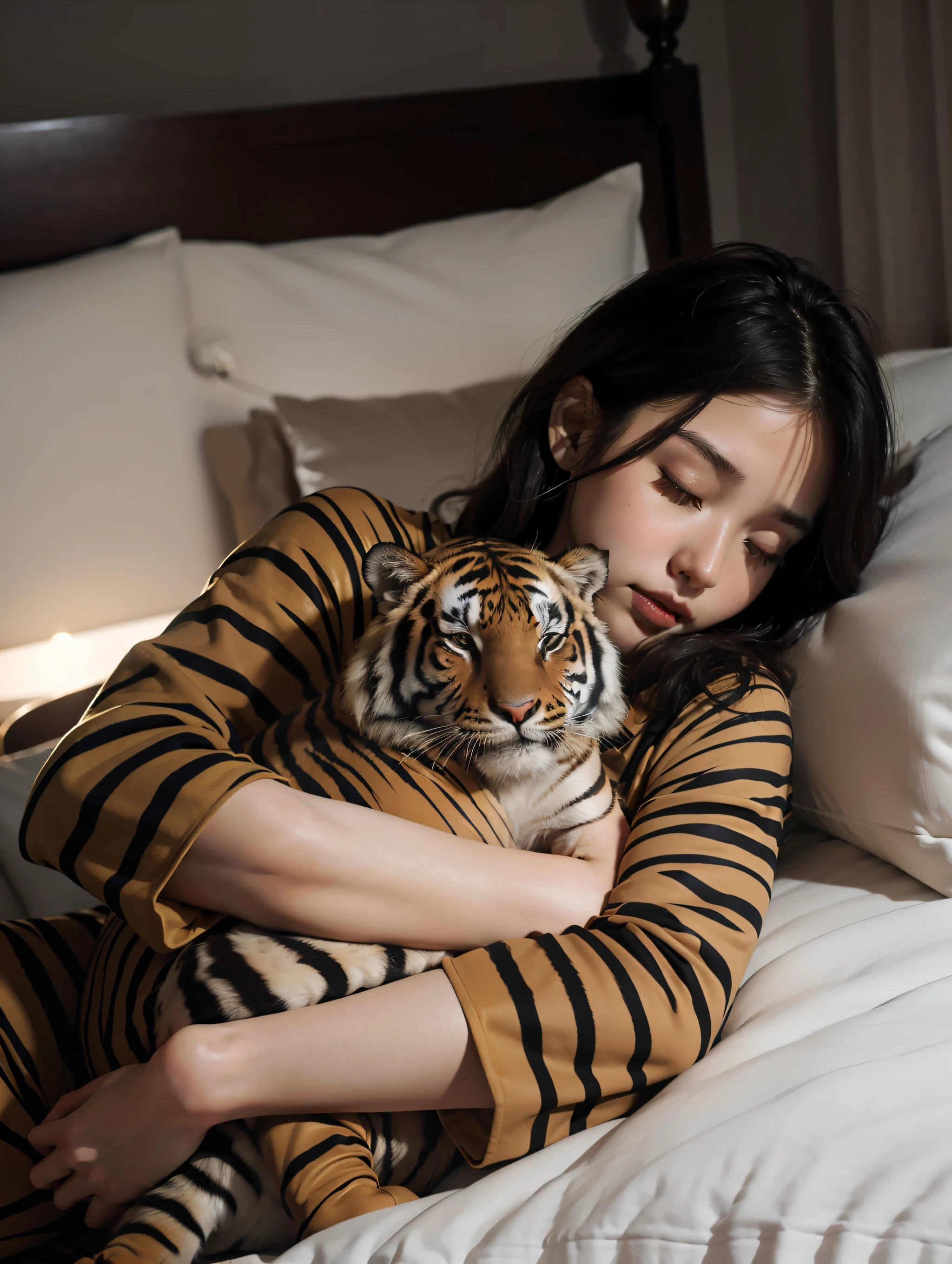 A girl holding a chubby Smale tiger in bed, sleeping, holding pillows, dramatic lights, girl in pajamas, lying on bed