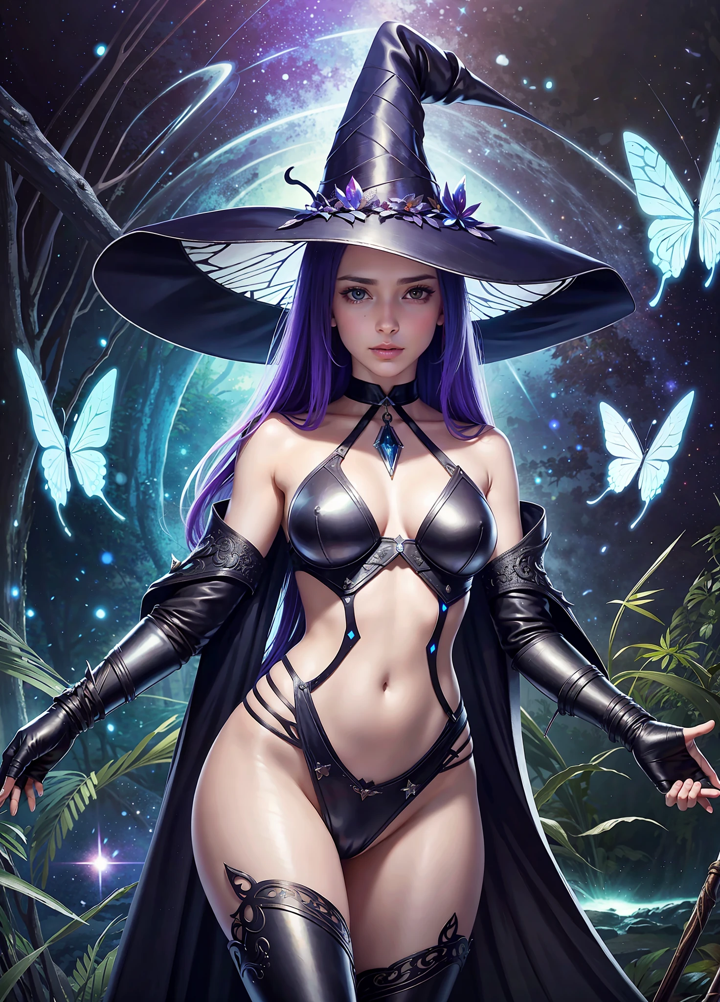 sexy full shot body photo of the world's most beautiful artwork, illustration, cinematic light, fantasy, highres, highest quality, ultra detailed, best quality, masterpiece, (detailed face), sexy mature woman wears leather armor with pelvic curtain, full body cloth coat (transparent galaxy), floating cloth, choker, bright forest plants (old man's underworld fantasy) with neon details, open shoulders, small shiny butterfly, Jewish hair, wearing a torn witch's hat, (focus on body: 1.25), night, small mutant animals in the background, a potion on the hip, shoulder pads emitting magical energy, dark, light reflection