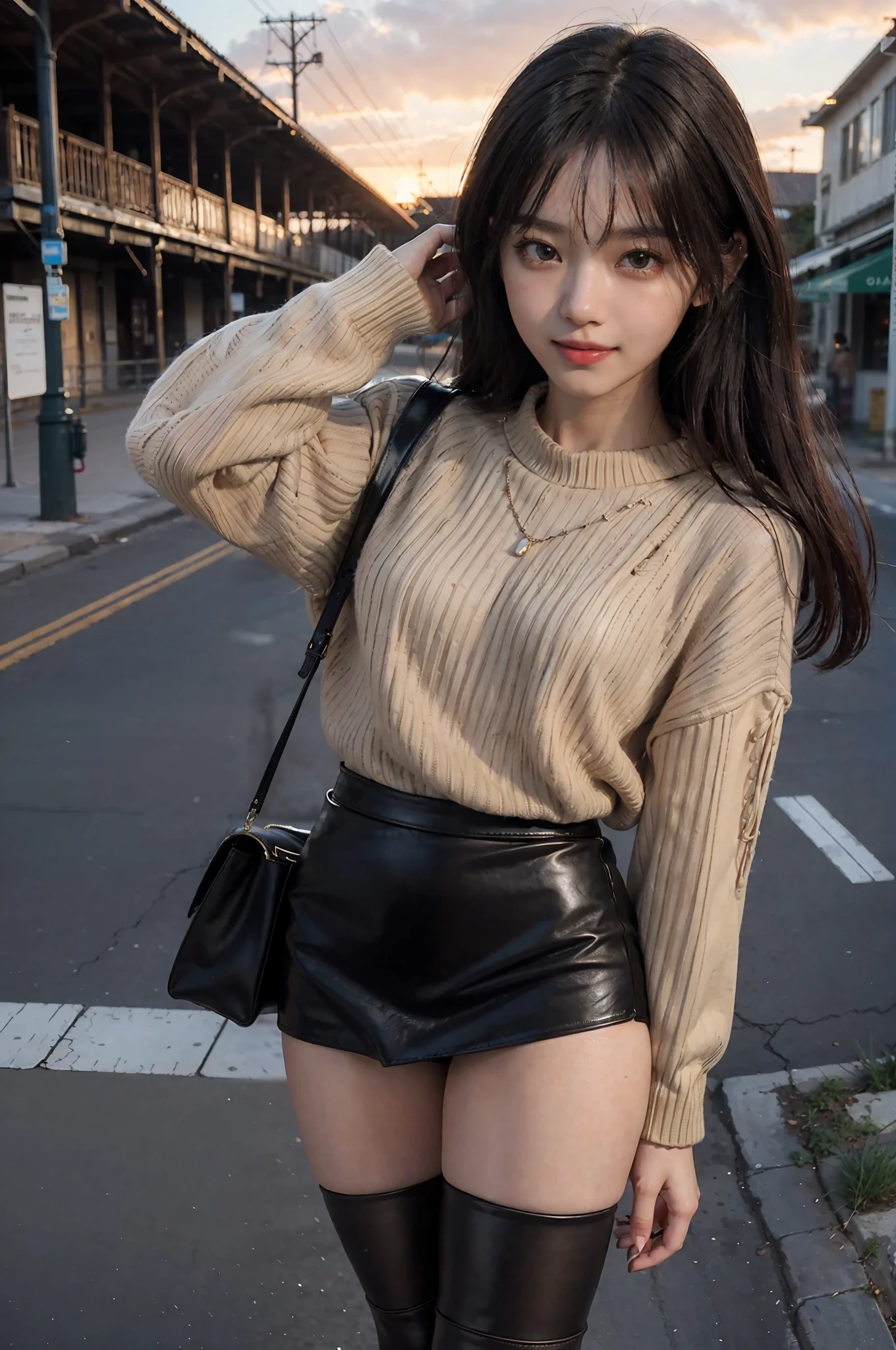 masterpiece,raw,beat_quality,(((Young fashion woman wearing brown sweater and black leather miniskirt))),light makeup,crying and smiling,black boots,slender,white skin,pearl skin,confidence,fine facial details,beautiful face,big eyes,elegant black hair,character is close to the lens,standing in the photo,photo,medium hair,clean sky, Some clouds, dusk, film lights, full-featured, shabby factory, the environment has many details, bright colors, bright pupils, perfect female figure, breeze blowing, train is driving, stairs, sunset, sunlight illuminates the sides, there are tourists in the background, a sense of drama, old buildings