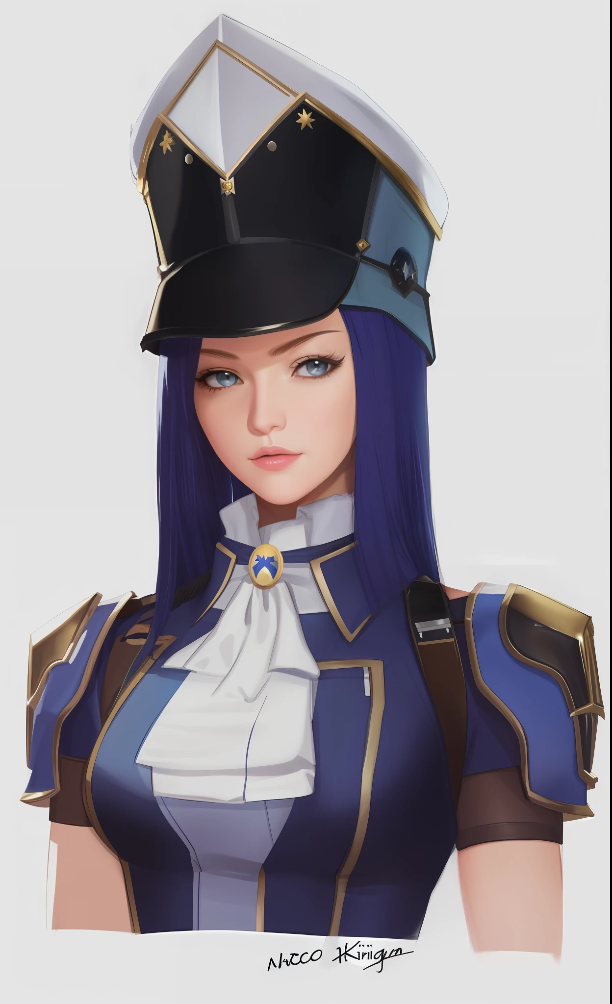 A drawing of a woman in a uniform with blue hair, Nico Robin, Lucina from Fire Emblem, knights portrait of zodiac girl, dragoon portrait, highly detailed exquisite fanart, portrait of a female anime heroine, Ashe, detailed character art from league of legends, portrait of a female wizard, Pharah, Marin Kitagawa fanart, female knight portrait,  made with painter's studio, realistic