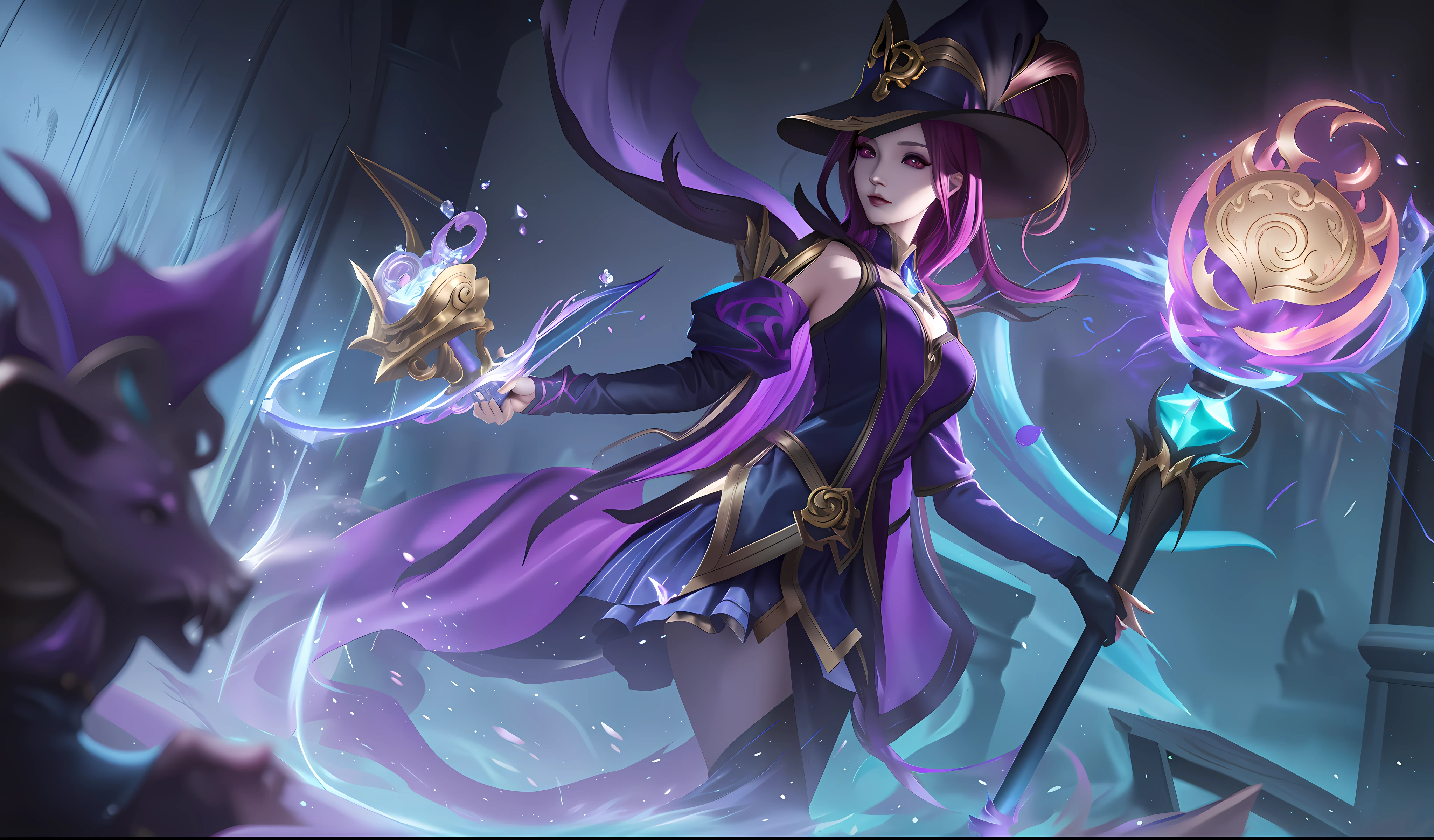 a close up of a woman in a witch costume holding a wand, leblanc, official splash art, splash art, arcane jinx, league of legends splash art, katarina, league of legends splashart, style artgerm, miss fortune league of legends, iconic character splash art, morgana, league of legends art, kda, artgerm lau