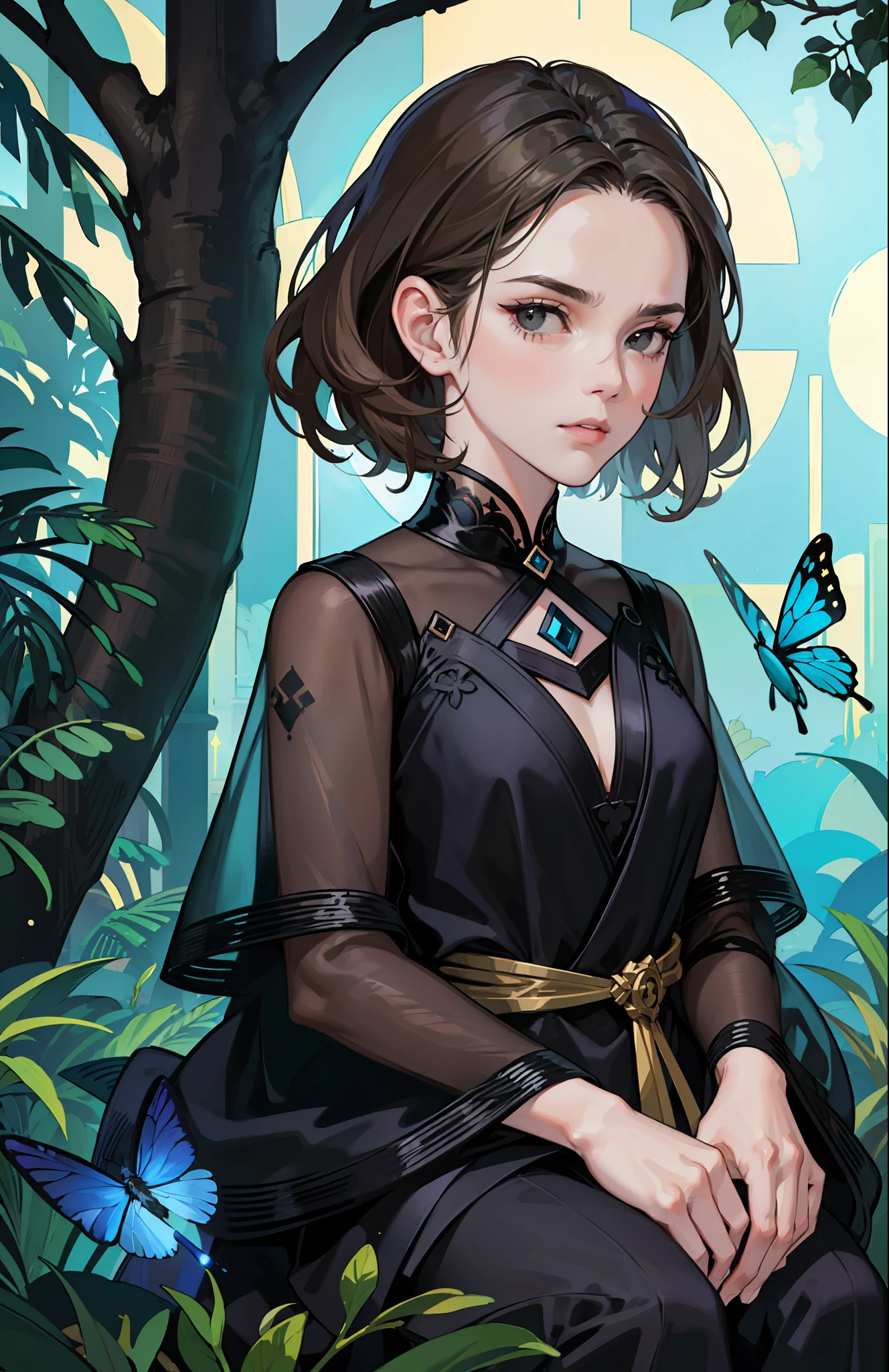 ((Superior quality, portraits, masterpieces, 8K: 1.3 wallpapers)), girl with short wavy brown hair (((SHORT HAIR))), obsidian-like black eyes (((BLACK EYES))), (((ANNOYING, SERIOUS LOOK))) sitting on a branch of a mueto tree, bioluminescent blue butterflies, dark hour, perfect shadows and reflections of the moon on the scene. black dress covered, dark clothes of MOURNING, CLOTHES COVERING THEIR SKIN, TUNIC.
