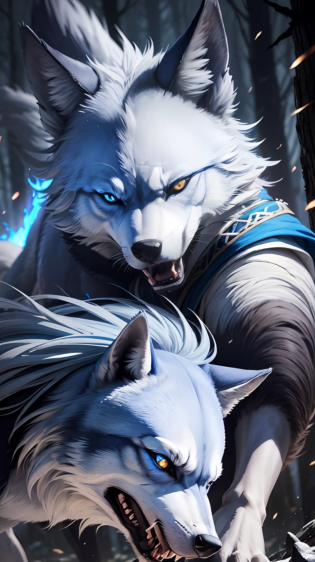 "Blue-eyed" nogeo wolf, fierce, hunting, dangerous forest, (detailed high-resolution image), 1 angry, fearless wolf. Howling, great power, powerful, blue-eyed wolf, midnight wolf, dangerous, imposing hunter! --auto --s2