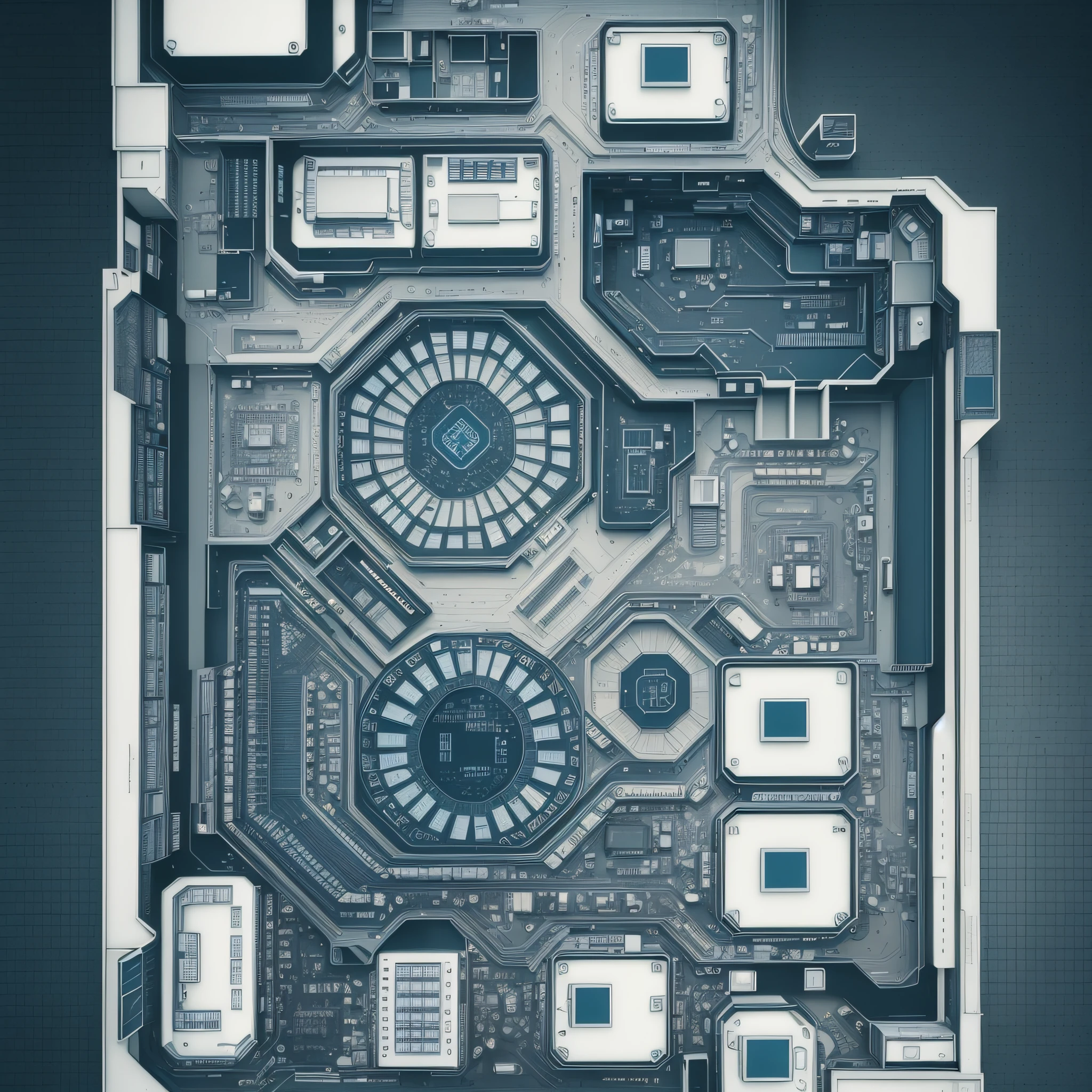 A fascinating artistic representation shows computer circuits accessible in the form of a house plan, with rooms identified by names and footage, in soft tones. The image exclusively uses the pure colors blue, black and white to compose its composition. --auto --s2