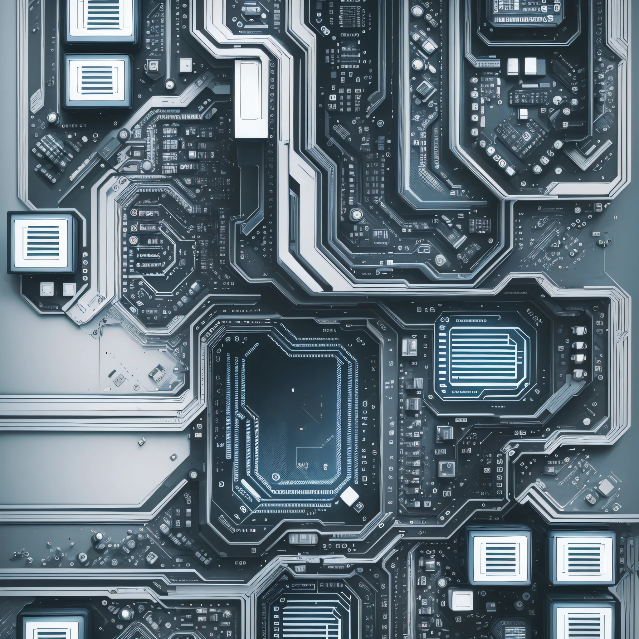 A fascinating artistic representation shows computer circuits accessible in the form of a house plan, with rooms identified by names and footage, in soft tones. The image exclusively uses the pure colors blue, black and white to compose its composition. --auto --s2