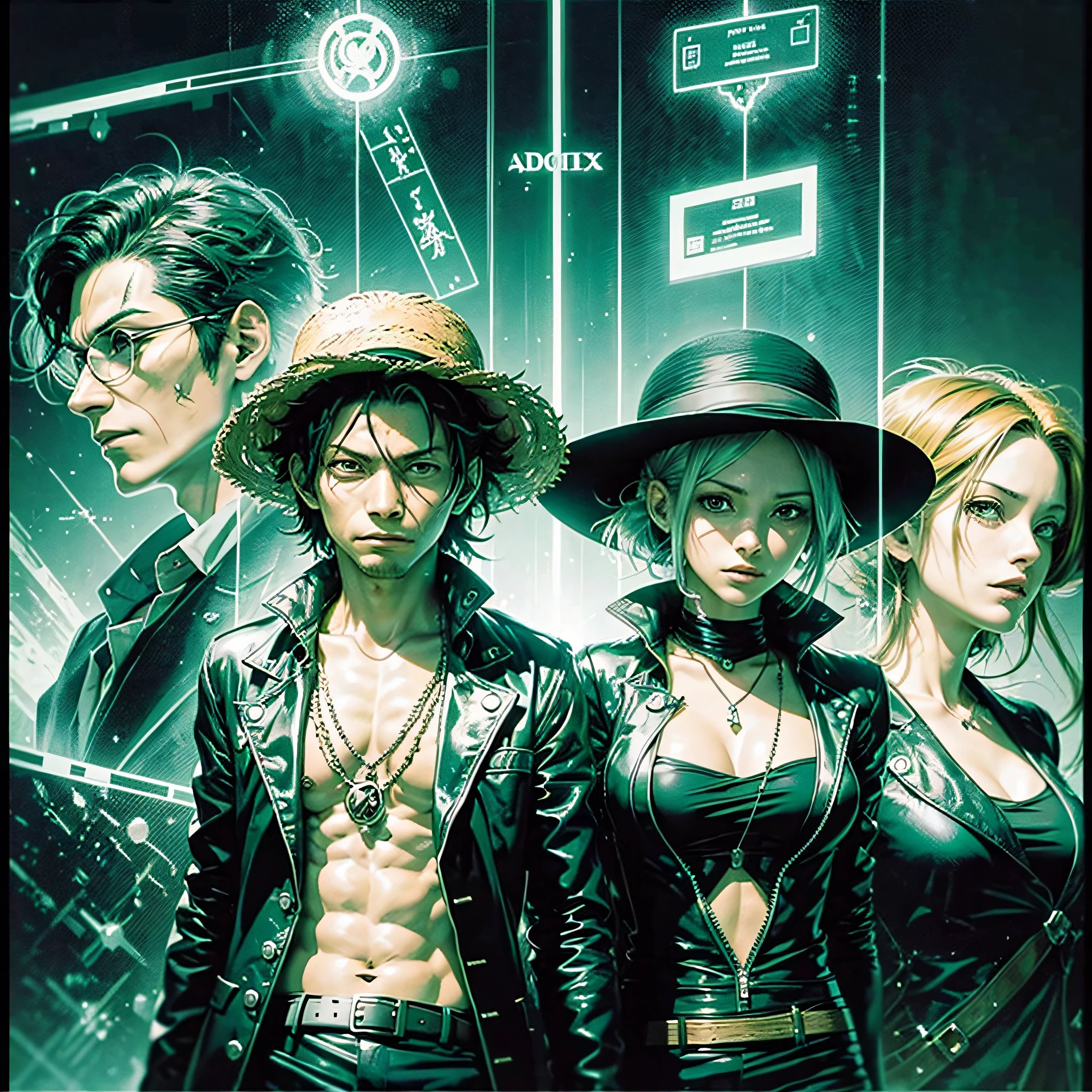 In the illusory Matrix of "One Piece," the Straw Hats embark on an intriguing journey. Dressed as stylish characters from the film, they come across a backdrop filled with green codes on a black background, letters that make up the mysterious polyglyphics. While Nico Robin cracks these codes and Franky uses his cybernetic abilities, Brook surprises by detaching himself from his body in the simulation. Meanwhile, the meeting between Luffy and Neo, the protagonist of "The Matrix," promises to bring surprises and challenges. In the midst of all this, the twisted spoon, symbol of illusion, reminds the crew that reality is questionable. Get ready to find out what lies beyond the Matrix and how the Straw Hats will face this illusion!" --auto --s2