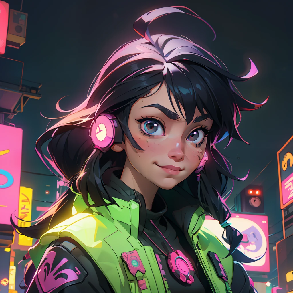 Create a girl with long messy black hair and brown eyes, smiling, gamer,, monitor, night time, good quality, perfect anatomy, 8k, masterpiece, by (Holaxes), long hair, messy hair, neon, headphones, cyberpunk, neon purple, neon yellow, neon blue, cyberwave, best Character Design