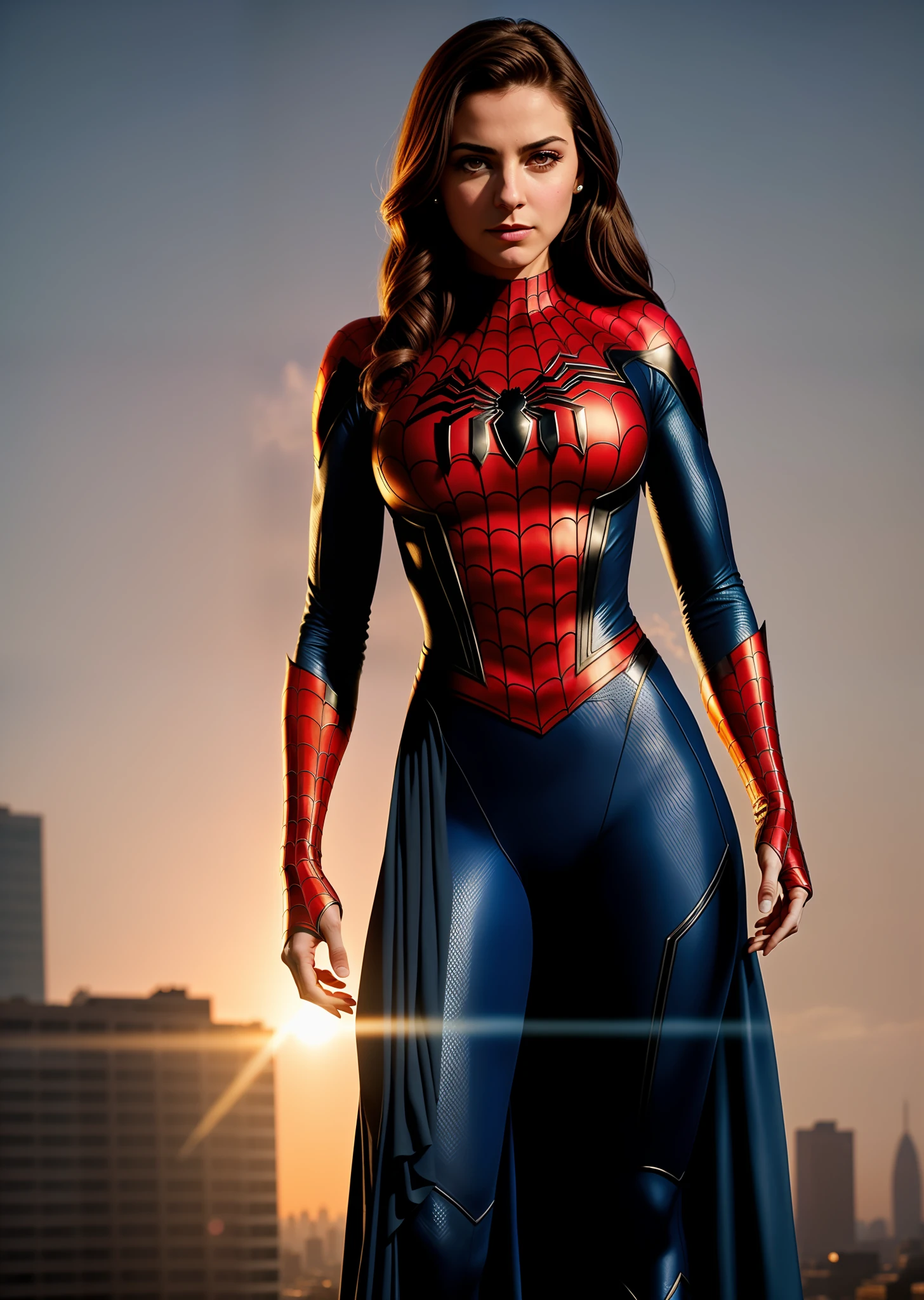 Silvia Cristhine Dagostin in detailed Spider-Man ghost costume, large breasts, superhero pose, standing in the ruined city at sunset, hyperdetailed, smoke, sparks, sunbeams, (8k), realistic, symmetrical, award-winning, cinematic lightning, soaked, film, 75mm, scratches, full body photo, close-up, torn and dirty clothes, detailed face,