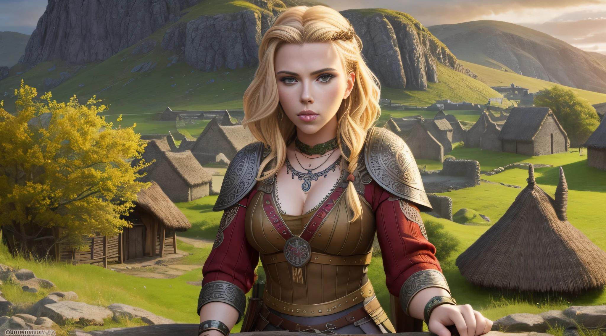 Scarlett Johansson is a very beautiful woman, a Viking warrior sitting in the middle of a Celtic village, golden clothes, Celtic tattoos for the body. Cartoon style, colorful, two-dimensional