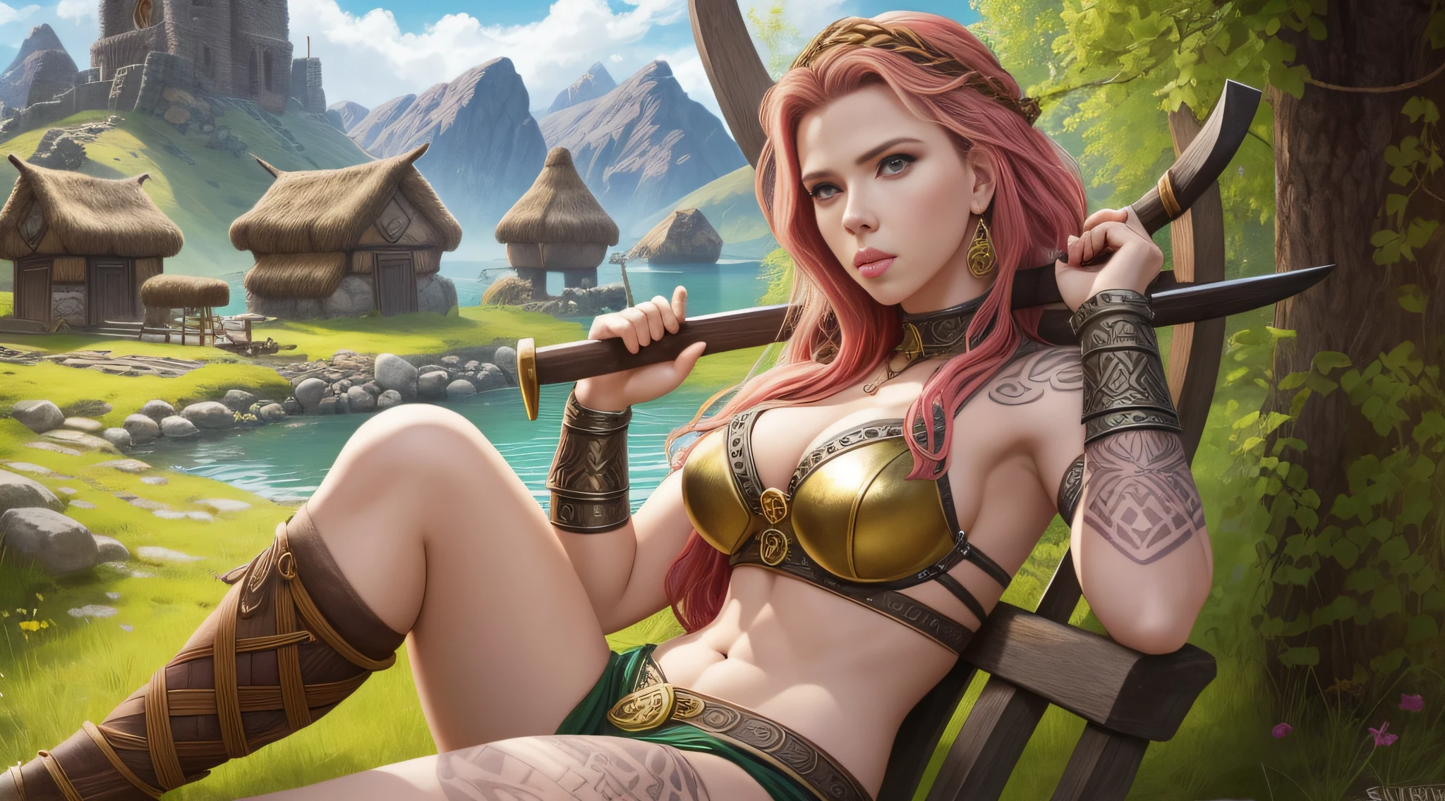Scarlett Johansson is a very beautiful woman, a Viking warrior sitting in the middle of a Celtic village, golden clothes, Celtic tattoos for the body. Cartoon style, colorful, two-dimensional