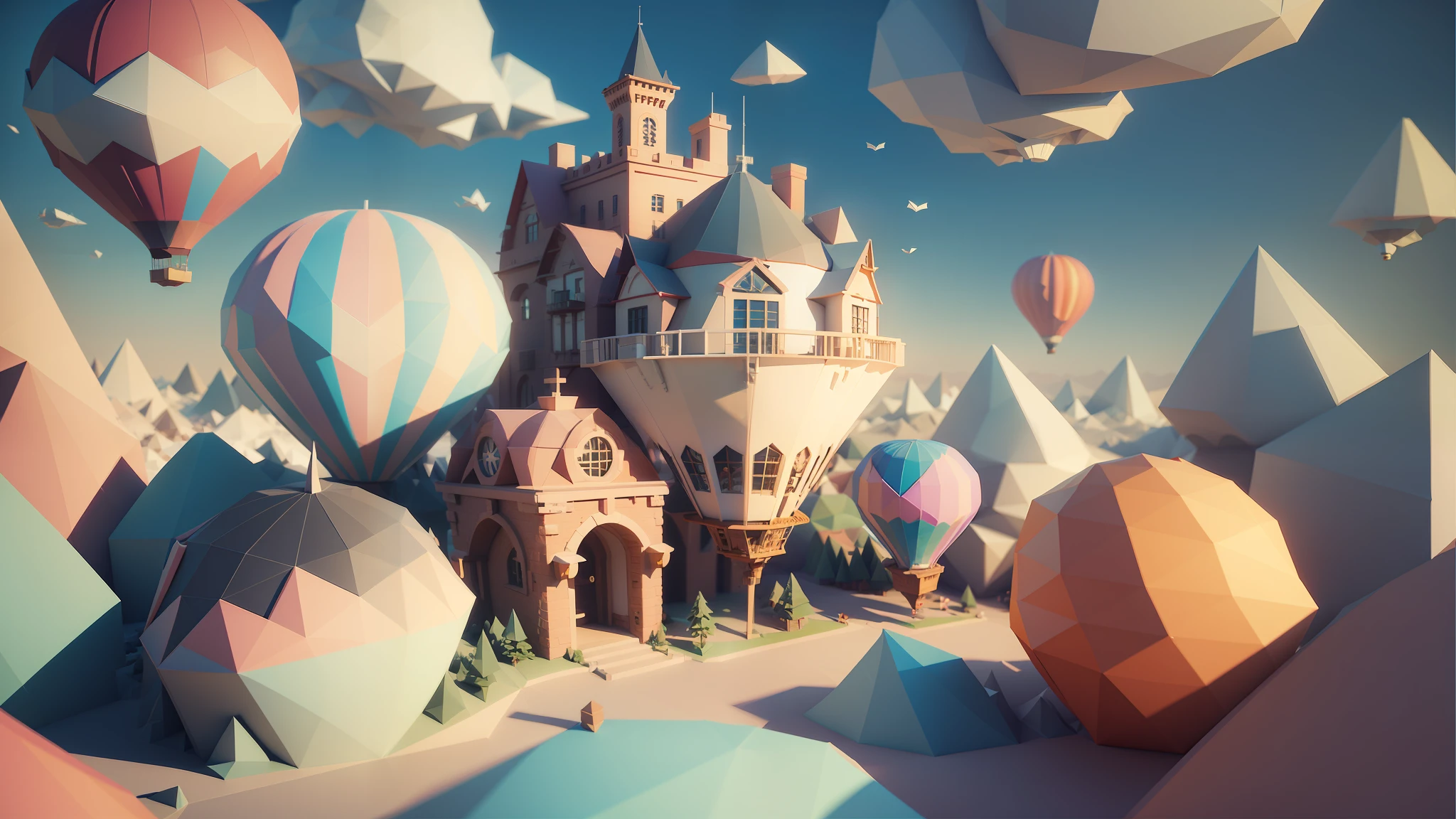 /cartoon style, polygon, game scene design, pixar style, Steampunk, Strawberie, melting ice cream, fantasy, sky city, cloud, rainbow, air balloon, hot air balloon, streamers, white glass room, cute q -cute, casual game style , ((((low poly))), lowpoly, best detail, cartoon style, 3d, masterpiece, best quality, cartoon rendering, brightness, 8K --auto --s2