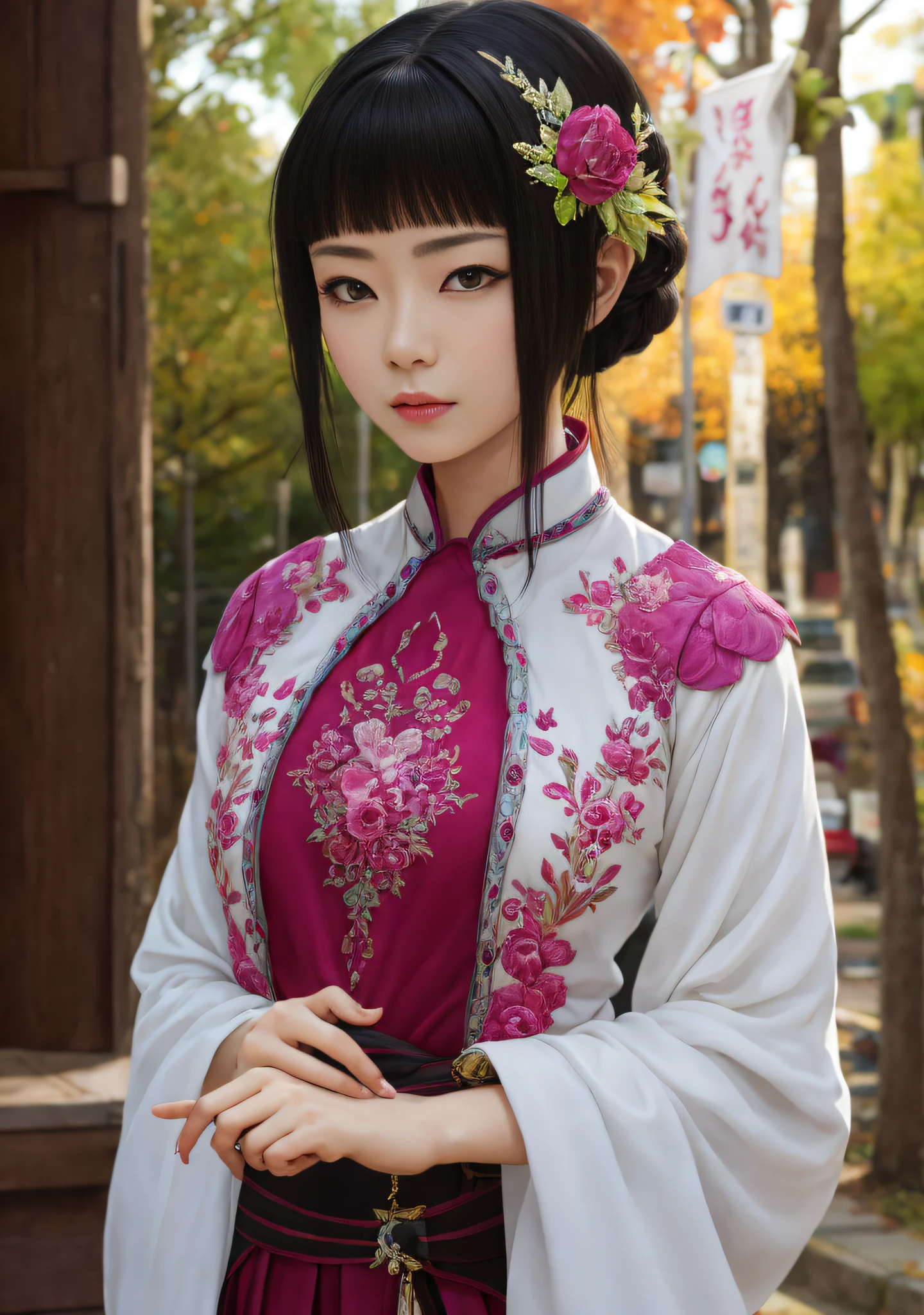 best quality, photorealistic, 8k, high res, 1girl, art nouveau fashion embroidered, elegant, hyper-realistic, ultra-detailed, outwardly colors, emotionally evoking, head in focus, ornamental, intricate, soft light, volumetric lighting, けもの, 少女, 琴の葉の庭, 小手川唯, 中原南天坊