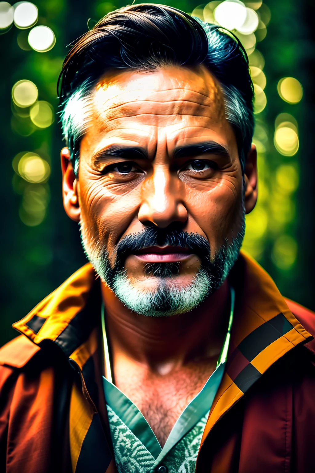 (Award Winning Photo:1.3) of facial camera, a man 45 yo, in forest, commoner cloth Highly Detailed,(close portrait:1.3),(Masculine:1.4),attractive,handsome,calendar pose,perfectly detailed eyes,studio lighting,thematic background