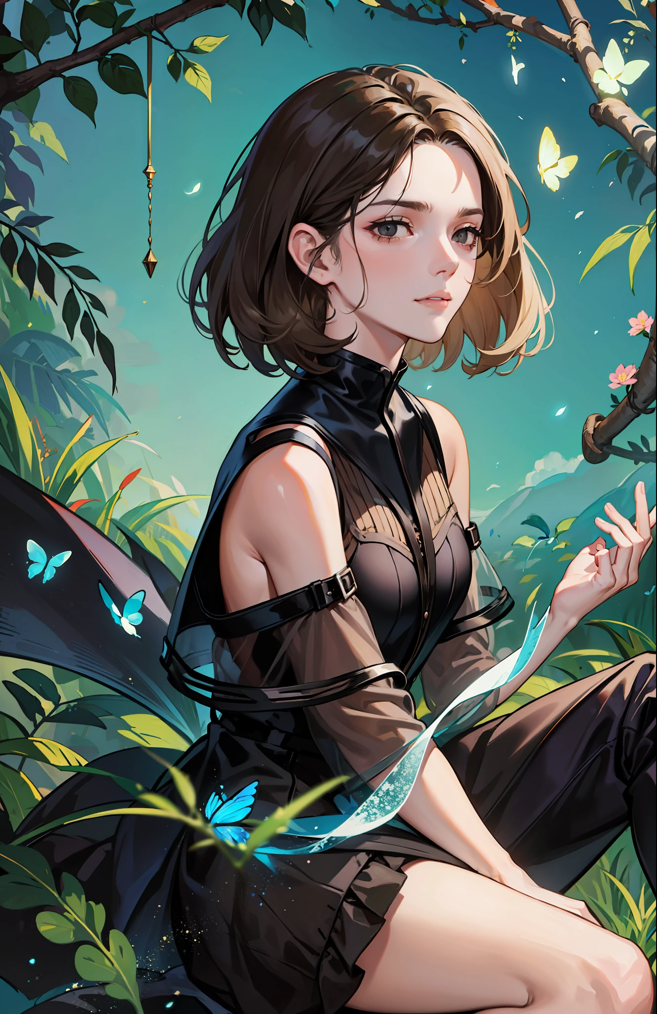 ((Superior quality, portraits, masterpieces, 8K: 1.3 wallpapers)), girl with short wavy brown hair (((SHORT HAIR))), obsidian-like black eyes (((BLACK EYES))), (((ANNOYING, SERIOUS LOOK))) sitting on a branch of a mueto tree, bioluminescent blue butterflies, dark hour, perfect shadows and reflections of the moon on the scene. black dress covered, dark clothes of MOURNING, CLOTHES COVERING THEIR SKIN, TUNIC.