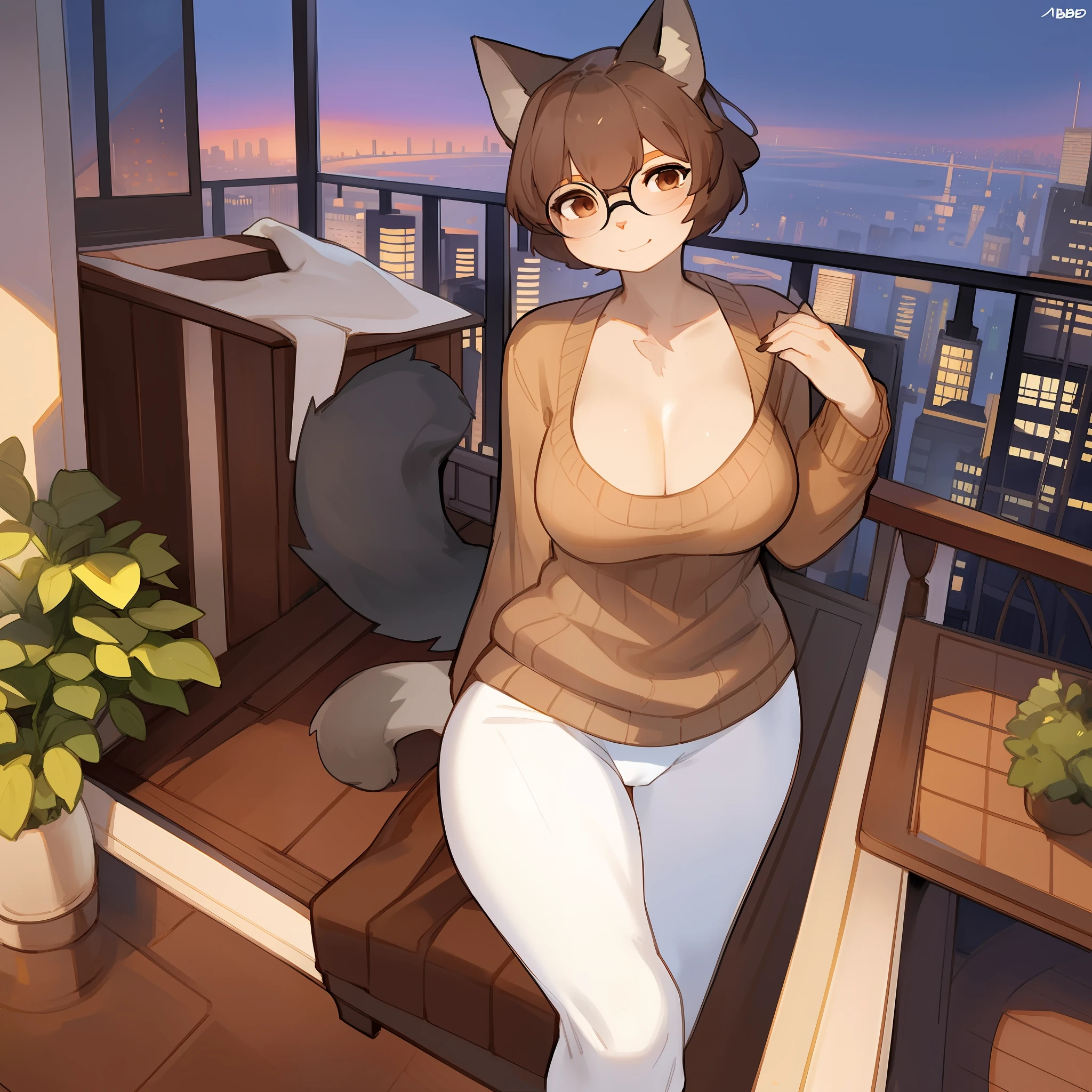 Solo, female, feline, domestic cat, hair, short hair, brown hair, brown eyes, detailed eyes, cleavage, brown sweater, white leggings, golden hour, grey fur, grey body, cameltoe, by bebebebebe, cityscape, balcony, plants, dark fur, dark skin, glasses, black glasses