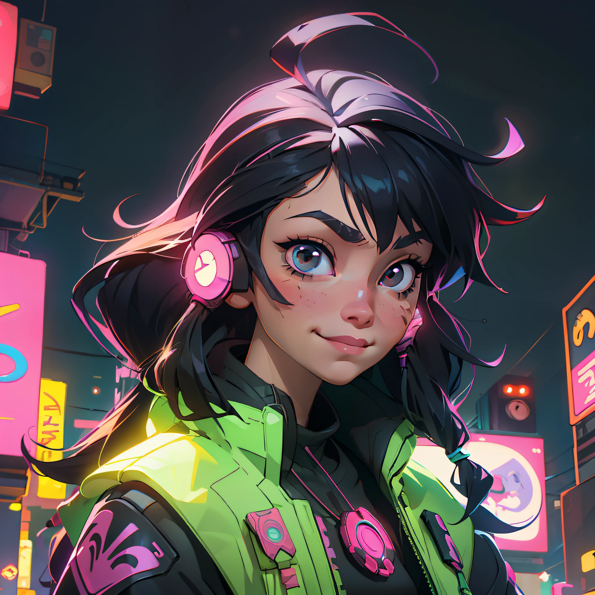 Create a girl with long messy black hair and brown eyes, smiling, gamer,, monitor, night time, good quality, perfect anatomy, 8k, masterpiece, by (Holaxes), long hair, messy hair, neon, headphones, cyberpunk, neon purple, neon yellow, neon blue, cyberwave, best Character Design
