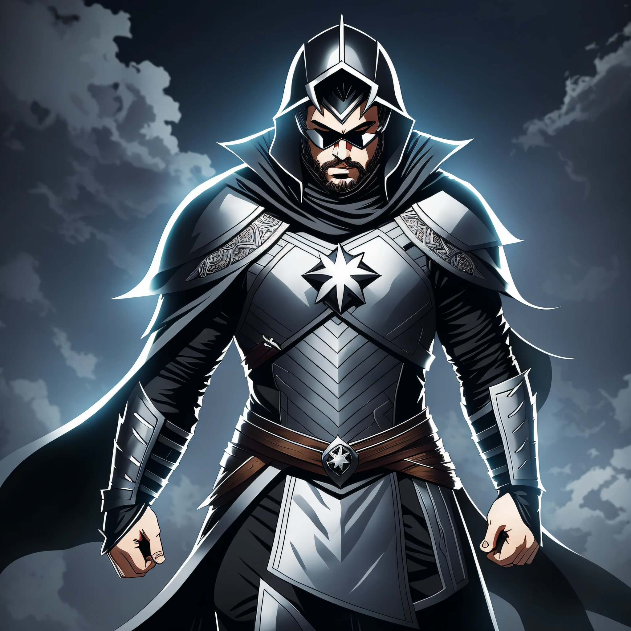 Aça a superhero where his power is discipline. This hero is similar to Jon Snow from Game of Thrones. On its breastplate it has the letter "D" in moreculum. His outfit is black in color with some silver accents. Make this image in cartoon or anime format