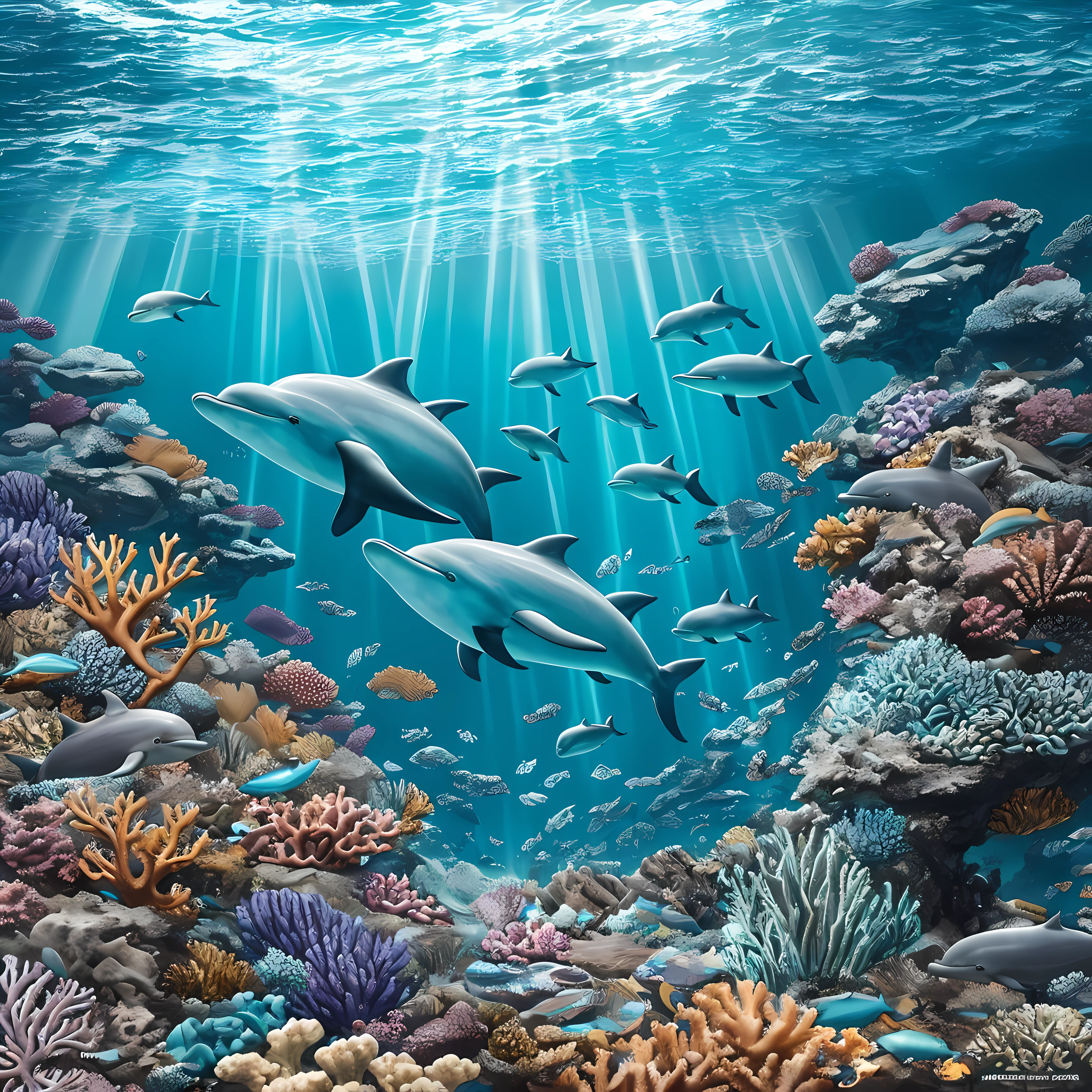 "Deep Dive": An underwater scene showcasing the immense depths of the ocean, with a pod of dolphins diving alongside a vibrant coral reef, highlighting the intricate details of the marine ecosystem, Surrealism, color field printing, high detail, UHD, 8k, anatomically correct, cinematic lighting 4d quality --auto --s2